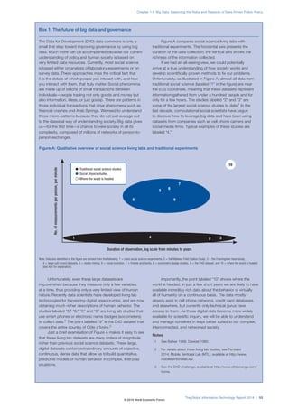 Box 1: The future of big data and governance
The Data for Development (D4D) data commons is only a
small first step toward improving governance by using big
data. Much more can be accomplished because our current
understanding of policy and human society is based on
very limited data resources. Currently, most social science
is based either on analysis of laboratory experiments or on
survey data. These approaches miss the critical fact that
it is the details of which people you interact with, and how
you interact with them, that truly matter. Social phenomena
are made up of billions of small transactions between
individuals—people trading not only goods and money but
also information, ideas, or just gossip. There are patterns in
those individual transactions that drive phenomena such as
financial crashes and Arab Springs. We need to understand
these micro-patterns because they do not just average out
to the classical way of understanding society. Big data gives
us—for the first time—a chance to view society in all its
complexity, composed of millions of networks of person-to-
person exchanges.
Figure A compares social science living labs with
traditional experiments. The horizontal axis presents the
duration of the data collection; the vertical axis shows the
richness of the information collected.
If we had an all-seeing view, we could potentially
arrive at a true understanding of how society works and
develop scientifically proven methods to fix our problems.
Unfortunately, as illustrated in Figure A, almost all data from
traditional social science (labeled “1” in the figure) are near
the (0,0) coordinate, meaning that these datasets represent
information gathered from under a hundred people and for
only for a few hours. The studies labeled “2” and “3” are
some of the largest social science studies to date.1
In the
last decade, computational social scientists have begun
to discover how to leverage big data and have been using
datasets from companies such as cell phone carriers and
social media firms. Typical examples of these studies are
labeled “4.”
Unfortunately, even these large datasets are
impoverished because they measure only a few variables
at a time, thus providing only a very limited view of human
nature. Recently data scientists have developed living lab
technologies for harvesting digital breadcrumbs, and are now
obtaining much richer descriptions of human behavior. The
studies labeled “5,” “6,” “7,” and “8” are living lab studies that
use smart phones or electronic name badges (sociometers)
to collect data.2
The point labeled “9” is the D4D dataset that
covers the entire country of Côte d’Ivoire.3
Just a brief examination of Figure A makes it easy to see
that these living lab datasets are many orders of magnitude
richer than previous social science datasets. These large,
digital datasets contain extraordinary amounts of objective,
continuous, dense data that allow us to build quantitative,
predictive models of human behavior in complex, everyday
situations.
Importantly, the point labeled “10” shows where the
world is headed. In just a few short years we are likely to have
available incredibly rich data about the behavior of virtually
all of humanity on a continuous basis. The data mostly
already exist in cell phone networks, credit card databases,
and elsewhere, but currently only technical gurus have
access to them. As these digital data become more widely
available for scientific inquiry, we will be able to understand
and manage ourselves in ways better suited to our complex,
interconnected, and networked society.
Notes
1 See Barker 1968; Dawber 1980.
2 For details about these living lab studies, see Pentland
2014; Mobile Territorial Lab (MTL), available at http://www.
mobileterritoriallab.eu/.
3 See the D4D challenge, available at http://www.d4d.orange.com/
home.
Figure A: Qualitative overview of social science living labs and traditional experiments
Note: Datasets identified in the figure are derived from the following: 1 = most social science experiments, 2 = the Midwest Field Station Study, 3 = the Framingham heart study,
4 = large call record datasets, 5 = reality mining, 6 = social evolution, 7 = friends and family, 8 = sociometric badge studies, 9 = the D4D dataset, and 10 = where the world is headed
(see text for explanation).
1 2 34
5
6
7
8 9
10
l Traditional social science studies
l Social physics studies
l Where the world is headed
Duration of observation, log scale from minutes to years
No.ofmeasurementsperperson,perminute
The Global Information Technology Report 2014 | 55
Chapter 1.4: Big Data: Balancing the Risks and Rewards of Data-Driven Public Policy
© 2014 World Economic Forum
 