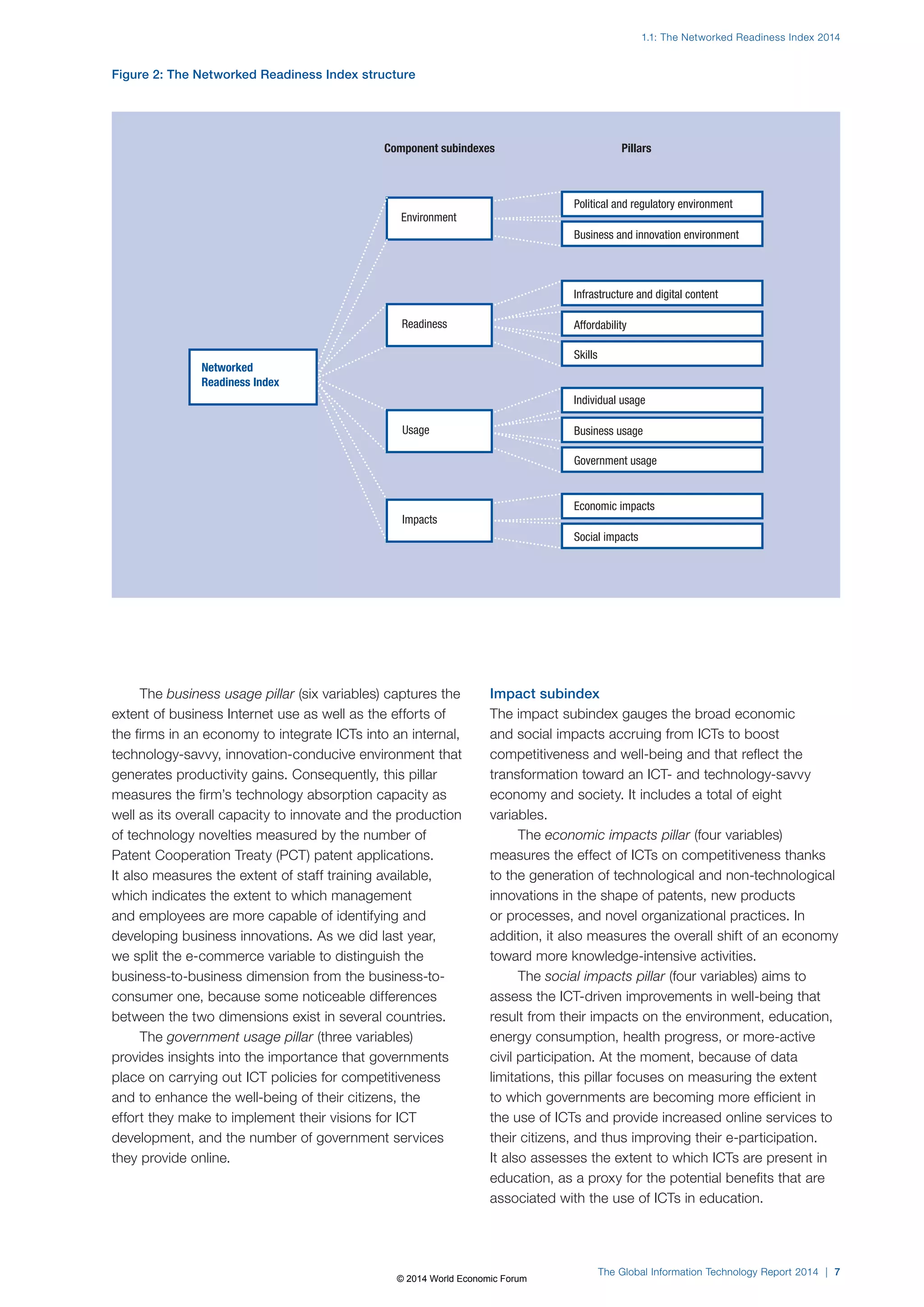 1.1: The Networked Readiness Index 2014 
Figure 2: The Networked Readiness Index structure 
Component subindexes Pillars 
Political and regulatory environment 
Business and innovation environment 
Infrastructure and digital content 
Individual usage 
Economic impacts 
The Global Information Technology Report 2014 | 7 
The business usage pillar (six variables) captures the 
extent of business Internet use as well as the efforts of 
the firms in an economy to integrate ICTs into an internal, 
technology-savvy, innovation-conducive environment that 
generates productivity gains. Consequently, this pillar 
measures the firm’s technology absorption capacity as 
well as its overall capacity to innovate and the production 
of technology novelties measured by the number of 
Patent Cooperation Treaty (PCT) patent applications. 
It also measures the extent of staff training available, 
which indicates the extent to which management 
and employees are more capable of identifying and 
developing business innovations. As we did last year, 
we split the e-commerce variable to distinguish the 
business-to-business dimension from the business-to-consumer 
one, because some noticeable differences 
between the two dimensions exist in several countries. 
The government usage pillar (three variables) 
provides insights into the importance that governments 
place on carrying out ICT policies for competitiveness 
and to enhance the well-being of their citizens, the 
effort they make to implement their visions for ICT 
development, and the number of government services 
they provide online. 
Impact subindex 
The impact subindex gauges the broad economic 
and social impacts accruing from ICTs to boost 
competitiveness and well-being and that reflect the 
transformation toward an ICT- and technology-savvy 
economy and society. It includes a total of eight 
variables. 
The economic impacts pillar (four variables) 
measures the effect of ICTs on competitiveness thanks 
to the generation of technological and non-technological 
innovations in the shape of patents, new products 
or processes, and novel organizational practices. In 
addition, it also measures the overall shift of an economy 
toward more knowledge-intensive activities. 
The social impacts pillar (four variables) aims to 
assess the ICT-driven improvements in well-being that 
result from their impacts on the environment, education, 
energy consumption, health progress, or more-active 
civil participation. At the moment, because of data 
limitations, this pillar focuses on measuring the extent 
to which governments are becoming more efficient in 
the use of ICTs and provide increased online services to 
their citizens, and thus improving their e-participation. 
It also assesses the extent to which ICTs are present in 
education, as a proxy for the potential benefits that are 
associated with the use of ICTs in education. 
Networked 
Readiness Index 
Readiness Affordability 
Skills 
Usage Business usage 
Government usage 
Environment 
Social impacts 
Impacts 
© 2014 World Economic Forum 
 