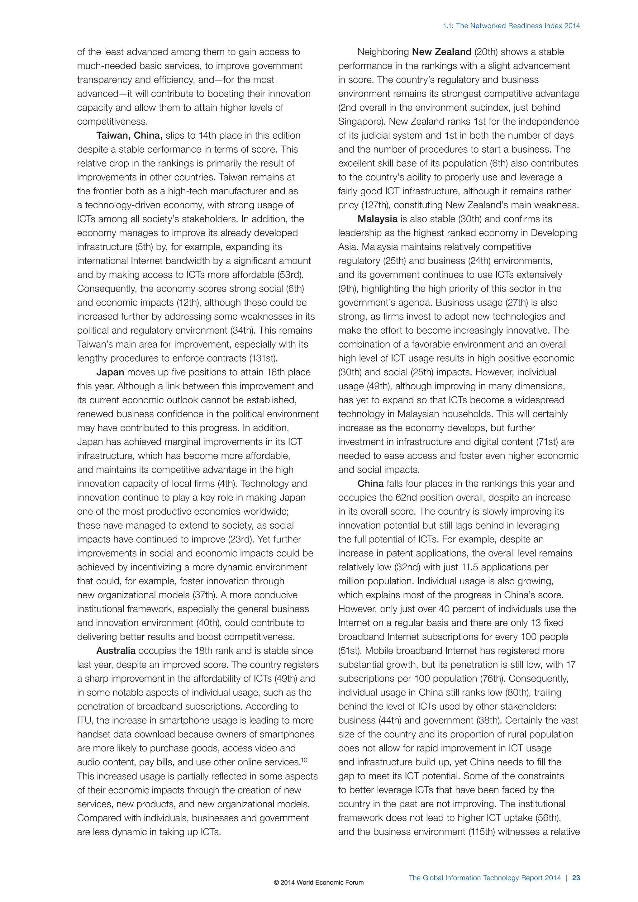 1.1: The Networked Readiness Index 2014 
The Global Information Technology Report 2014 | 23 
of the least advanced among them to gain access to 
much-needed basic services, to improve government 
transparency and efficiency, and—for the most 
advanced—it will contribute to boosting their innovation 
capacity and allow them to attain higher levels of 
competitiveness. 
Taiwan, China, slips to 14th place in this edition 
despite a stable performance in terms of score. This 
relative drop in the rankings is primarily the result of 
improvements in other countries. Taiwan remains at 
the frontier both as a high-tech manufacturer and as 
a technology-driven economy, with strong usage of 
ICTs among all society’s stakeholders. In addition, the 
economy manages to improve its already developed 
infrastructure (5th) by, for example, expanding its 
international Internet bandwidth by a significant amount 
and by making access to ICTs more affordable (53rd). 
Consequently, the economy scores strong social (6th) 
and economic impacts (12th), although these could be 
increased further by addressing some weaknesses in its 
political and regulatory environment (34th). This remains 
Taiwan’s main area for improvement, especially with its 
lengthy procedures to enforce contracts (131st). 
Japan moves up five positions to attain 16th place 
this year. Although a link between this improvement and 
its current economic outlook cannot be established, 
renewed business confidence in the political environment 
may have contributed to this progress. In addition, 
Japan has achieved marginal improvements in its ICT 
infrastructure, which has become more affordable, 
and maintains its competitive advantage in the high 
innovation capacity of local firms (4th). Technology and 
innovation continue to play a key role in making Japan 
one of the most productive economies worldwide; 
these have managed to extend to society, as social 
impacts have continued to improve (23rd). Yet further 
improvements in social and economic impacts could be 
achieved by incentivizing a more dynamic environment 
that could, for example, foster innovation through 
new organizational models (37th). A more conducive 
institutional framework, especially the general business 
and innovation environment (40th), could contribute to 
delivering better results and boost competitiveness. 
Australia occupies the 18th rank and is stable since 
last year, despite an improved score. The country registers 
a sharp improvement in the affordability of ICTs (49th) and 
in some notable aspects of individual usage, such as the 
penetration of broadband subscriptions. According to 
ITU, the increase in smartphone usage is leading to more 
handset data download because owners of smartphones 
are more likely to purchase goods, access video and 
audio content, pay bills, and use other online services.10 
This increased usage is partially reflected in some aspects 
of their economic impacts through the creation of new 
services, new products, and new organizational models. 
Compared with individuals, businesses and government 
are less dynamic in taking up ICTs. 
Neighboring New Zealand (20th) shows a stable 
performance in the rankings with a slight advancement 
in score. The country’s regulatory and business 
environment remains its strongest competitive advantage 
(2nd overall in the environment subindex, just behind 
Singapore). New Zealand ranks 1st for the independence 
of its judicial system and 1st in both the number of days 
and the number of procedures to start a business. The 
excellent skill base of its population (6th) also contributes 
to the country’s ability to properly use and leverage a 
fairly good ICT infrastructure, although it remains rather 
pricy (127th), constituting New Zealand’s main weakness. 
Malaysia is also stable (30th) and confirms its 
leadership as the highest ranked economy in Developing 
Asia. Malaysia maintains relatively competitive 
regulatory (25th) and business (24th) environments, 
and its government continues to use ICTs extensively 
(9th), highlighting the high priority of this sector in the 
government’s agenda. Business usage (27th) is also 
strong, as firms invest to adopt new technologies and 
make the effort to become increasingly innovative. The 
combination of a favorable environment and an overall 
high level of ICT usage results in high positive economic 
(30th) and social (25th) impacts. However, individual 
usage (49th), although improving in many dimensions, 
has yet to expand so that ICTs become a widespread 
technology in Malaysian households. This will certainly 
increase as the economy develops, but further 
investment in infrastructure and digital content (71st) are 
needed to ease access and foster even higher economic 
and social impacts. 
China falls four places in the rankings this year and 
occupies the 62nd position overall, despite an increase 
in its overall score. The country is slowly improving its 
innovation potential but still lags behind in leveraging 
the full potential of ICTs. For example, despite an 
increase in patent applications, the overall level remains 
relatively low (32nd) with just 11.5 applications per 
million population. Individual usage is also growing, 
which explains most of the progress in China’s score. 
However, only just over 40 percent of individuals use the 
Internet on a regular basis and there are only 13 fixed 
broadband Internet subscriptions for every 100 people 
(51st). Mobile broadband Internet has registered more 
substantial growth, but its penetration is still low, with 17 
subscriptions per 100 population (76th). Consequently, 
individual usage in China still ranks low (80th), trailing 
behind the level of ICTs used by other stakeholders: 
business (44th) and government (38th). Certainly the vast 
size of the country and its proportion of rural population 
does not allow for rapid improvement in ICT usage 
and infrastructure build up, yet China needs to fill the 
gap to meet its ICT potential. Some of the constraints 
to better leverage ICTs that have been faced by the 
country in the past are not improving. The institutional 
framework does not lead to higher ICT uptake (56th), 
and the business environment (115th) witnesses a relative 
© 2014 World Economic Forum 
 