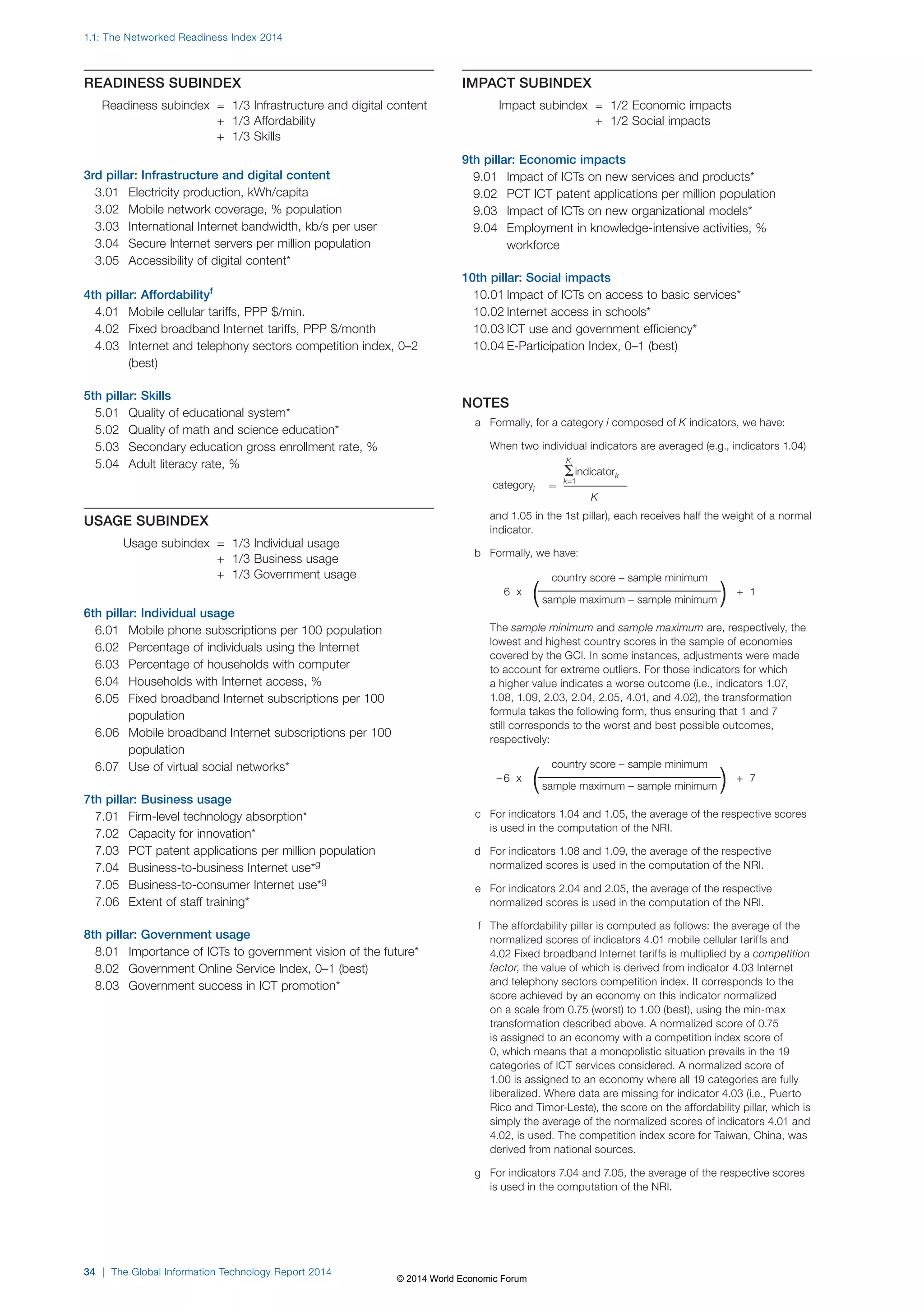 1.1: The Networked Readiness Index 2014 
READINESS SUBINDEX 
Readiness subindex = 1/3 Infrastructure and digital content 
+ 1/3 Affordability 
+ 1/3 Skills 
3rd pillar: Infrastructure and digital content 
3.01 Electricity production, kWh/capita 
3.02 Mobile network coverage, % population 
3.03 International Internet bandwidth, kb/s per user 
3.04 Secure Internet servers per million population 
3.05 Accessibility of digital content* 
4th pillar: Affordabilityf 
4.01 Mobile cellular tariffs, PPP $/min. 
4.02 Fixed broadband Internet tariffs, PPP $/month 
4.03 Internet and telephony sectors competition index, 0–2 
(best) 
5th pillar: Skills 
5.01 Quality of educational system* 
5.02 Quality of math and science education* 
5.03 Secondary education gross enrollment rate, % 
5.04 Adult literacy rate, % 
USAGE SUBINDEX 
Usage subindex = 1/3 Individual usage 
+ 1/3 Business usage 
+ 1/3 Government usage 
6th pillar: Individual usage 
6.01 Mobile phone subscriptions per 100 population 
6.02 Percentage of individuals using the Internet 
6.03 Percentage of households with computer 
6.04 Households with Internet access, % 
6.05 Fixed broadband Internet subscriptions per 100 
population 
6.06 Mobile broadband Internet subscriptions per 100 
population 
6.07 Use of virtual social networks* 
7th pillar: Business usage 
7.01 Firm-level technology absorption* 
7.02 Capacity for innovation* 
7.03 PCT patent applications per million population 
7.04 Business-to-business Internet use*g 
7.05 Business-to-consumer Internet use*g 
7.06 Extent of staff training* 
8th pillar: Government usage 
8.01 Importance of ICTs to government vision of the future* 
8.02 Government Online Service Index, 0–1 (best) 
8.03 Government success in ICT promotion* 
34 | The Global Information Technology Report 2014 
IMPACT SUBINDEX 
Impact subindex = 1/2 Economic impacts 
+ 1/2 Social impacts 
9th pillar: Economic impacts 
9.01 Impact of ICTs on new services and products* 
9.02 PCT ICT patent applications per million population 
9.03 Impact of ICTs on new organizational models* 
9.04 Employment in knowledge-intensive activities, % 
workforce 
10th pillar: Social impacts 
10.01 Impact of ICTs on access to basic services* 
10.02 Internet access in schools* 
10.03 ICT use and government efficiency* 
10.04 E-Participation Index, 0–1 (best) 
NOTES 
a Formally, for a category i composed of K indicators, we have: 
When two individual indicators are averaged (e.g., indicators 1.04) 
categoryi 
indicatork 
K 
K 
 
k=1 
 
and 1.05 in the 1st pillar), each receives half the weight of a normal 
indicator. 
b Formally, we have: 
6 x 
country score – sample minimum 
+ 1 
( sample maximum – sample minimum ) 
The sample minimum and sample maximum are, respectively, the 
lowest and highest country scores in the sample of economies 
covered by the GCI. In some instances, adjustments were made 
to account for extreme outliers. For those indicators for which 
a higher value indicates a worse outcome (i.e., indicators 1.07, 
1.08, 1.09, 2.03, 2.04, 2.05, 4.01, and 4.02), the transformation 
formula takes the following form, thus ensuring that 1 and 7 
still corresponds to the worst and best possible outcomes, 
respectively: 
– 6 x 
country score – sample minimum 
+ 7 
( sample maximum – sample minimum ) 
c For indicators 1.04 and 1.05, the average of the respective scores 
is used in the computation of the NRI. 
d For indicators 1.08 and 1.09, the average of the respective 
normalized scores is used in the computation of the NRI. 
e For indicators 2.04 and 2.05, the average of the respective 
normalized scores is used in the computation of the NRI. 
f The affordability pillar is computed as follows: the average of the 
normalized scores of indicators 4.01 mobile cellular tariffs and 
4.02 Fixed broadband Internet tariffs is multiplied by a competition 
factor, the value of which is derived from indicator 4.03 Internet 
and telephony sectors competition index. It corresponds to the 
score achieved by an economy on this indicator normalized 
on a scale from 0.75 (worst) to 1.00 (best), using the min-max 
transformation described above. A normalized score of 0.75 
is assigned to an economy with a competition index score of 
0, which means that a monopolistic situation prevails in the 19 
categories of ICT services considered. A normalized score of 
1.00 is assigned to an economy where all 19 categories are fully 
liberalized. Where data are missing for indicator 4.03 (i.e., Puerto 
Rico and Timor-Leste), the score on the affordability pillar, which is 
simply the average of the normalized scores of indicators 4.01 and 
4.02, is used. The competition index score for Taiwan, China, was 
derived from national sources. 
g For indicators 7.04 and 7.05, the average of the respective scores 
is used in the computation of the NRI. 
© 2014 World Economic Forum 
 