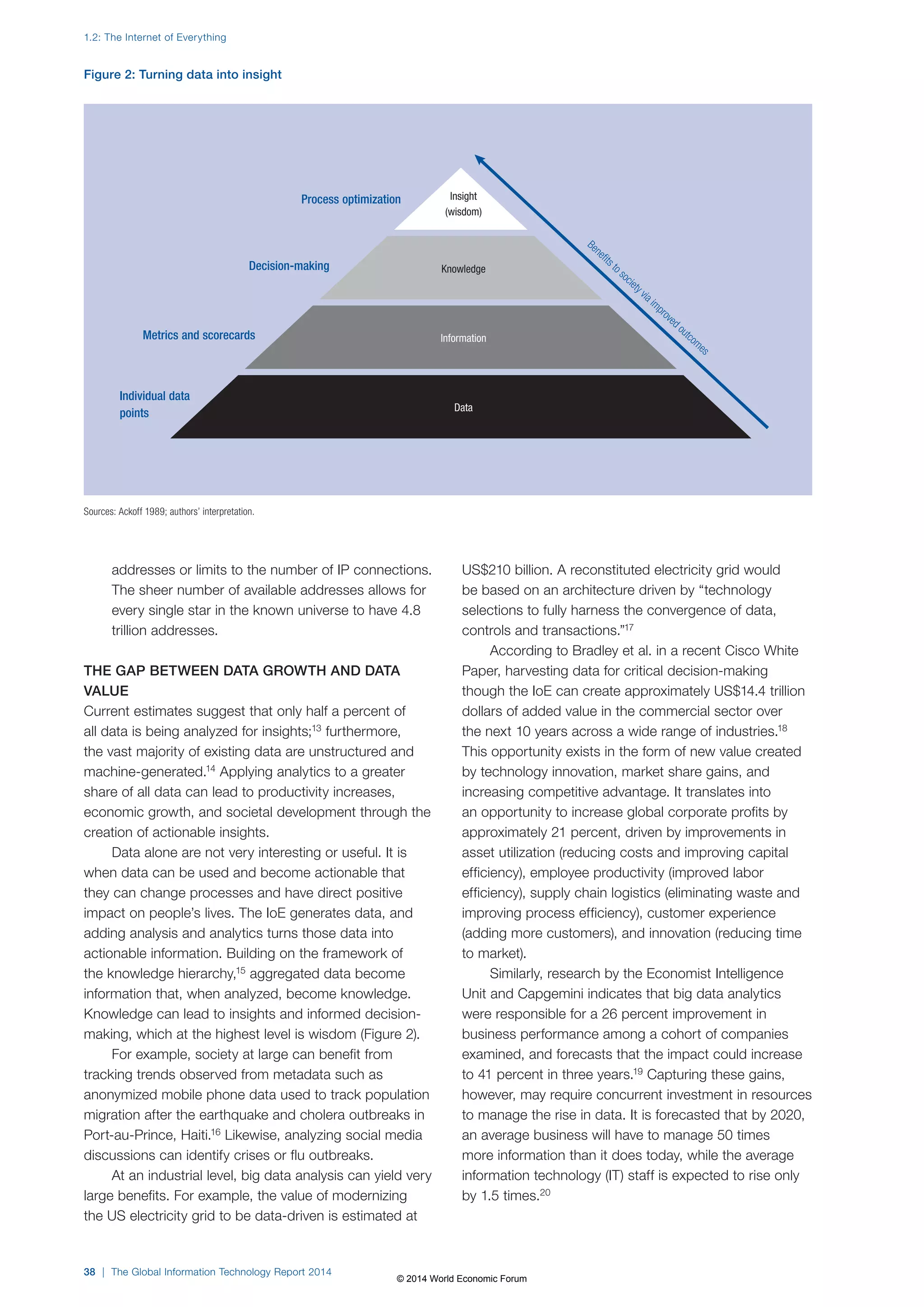 1.2: The Internet of Everything 
addresses or limits to the number of IP connections. 
The sheer number of available addresses allows for 
every single star in the known universe to have 4.8 
trillion addresses. 
THE GAP BETWEEN DATA GROWTH AND DATA 
VALUE 
Current estimates suggest that only half a percent of 
all data is being analyzed for insights;13 furthermore, 
the vast majority of existing data are unstructured and 
machine-generated.14 Applying analytics to a greater 
share of all data can lead to productivity increases, 
economic growth, and societal development through the 
creation of actionable insights. 
Data alone are not very interesting or useful. It is 
when data can be used and become actionable that 
they can change processes and have direct positive 
impact on people’s lives. The IoE generates data, and 
adding analysis and analytics turns those data into 
actionable information. Building on the framework of 
the knowledge hierarchy,15 aggregated data become 
information that, when analyzed, become knowledge. 
Knowledge can lead to insights and informed decision-making, 
which at the highest level is wisdom (Figure2). 
For example, society at large can benefit from 
tracking trends observed from metadata such as 
anonymized mobile phone data used to track population 
migration after the earthquake and cholera outbreaks in 
Port-au-Prince, Haiti.16 Likewise, analyzing social media 
discussions can identify crises or flu outbreaks. 
At an industrial level, big data analysis can yield very 
large benefits. For example, the value of modernizing 
the US electricity grid to be data-driven is estimated at 
Benefits to society via improved outcomes 
US$210 billion. A reconstituted electricity grid would 
be based on an architecture driven by “technology 
selections to fully harness the convergence of data, 
controls and transactions.”17 
According to Bradley et al. in a recent Cisco White 
Paper, harvesting data for critical decision-making 
though the IoE can create approximately US$14.4 trillion 
dollars of added value in the commercial sector over 
the next 10 years across a wide range of industries.18 
This opportunity exists in the form of new value created 
by technology innovation, market share gains, and 
increasing competitive advantage. It translates into 
an opportunity to increase global corporate profits by 
approximately 21 percent, driven by improvements in 
asset utilization (reducing costs and improving capital 
efficiency), employee productivity (improved labor 
efficiency), supply chain logistics (eliminating waste and 
improving process efficiency), customer experience 
(adding more customers), and innovation (reducing time 
to market). 
Similarly, research by the Economist Intelligence 
Unit and Capgemini indicates that big data analytics 
were responsible for a 26 percent improvement in 
business performance among a cohort of companies 
examined, and forecasts that the impact could increase 
to 41 percent in three years.19 Capturing these gains, 
however, may require concurrent investment in resources 
to manage the rise in data. It is forecasted that by 2020, 
an average business will have to manage 50 times 
more information than it does today, while the average 
information technology (IT) staff is expected to rise only 
by 1.5 times.20 
Figure 2: Turning data into insight 
Sources: Ackoff 1989; authors’ interpretation. 
Insight 
(wisdom) 
Process optimization 
Decision-making Knowledge 
Metrics and scorecards Information 
Data 
Individual data 
points 
38 | The Global Information Technology Report 2014 
© 2014 World Economic Forum 
 
