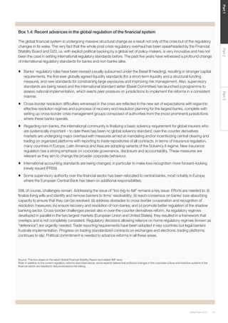 19Global Risks 2015
Part1Part2Part3
Box 1.4: Recent advances in the global regulation of the ﬁnancial system
The global ﬁnancial system is undergoing massive structural change as a result not only of the crisis but of the regulatory
changes in its wake. The very fact that the whole post-crisis regulatory overhaul has been spearheaded by the Financial
Stability Board and G20, i.e. with explicit political backing by a global set of policy-makers, is very innovative and has not
been the case in setting international regulatory standards before. The past ﬁve years have witnessed a profound change
of international regulatory standards for banks and non-banks alike.
♦ Banks’ regulatory rules have been revised (usually subsumed under the Basel III heading), resulting in stronger capital
requirements, the ﬁrst-ever globally agreed liquidity standards (for a short-term liquidity and a structural funding
measure), and new standards for constraining large exposures and improving risk management. Also, supervisory
standards are being raised and the international standard setter (Basel Committee) has launched a programme to
assess national implementation, which exerts peer pressure on jurisdictions to implement the reforms in a consistent
manner.
♦ Cross-border resolution difﬁculties witnessed in the crisis are reﬂected in the new set of expectations with regard to
effective resolution regimes and a process of recovery and resolution planning for the largest banks, complete with
setting up cross-border crisis management groups composed of authorities from the (most prominent) jurisdictions
where these banks operate.
♦ Regarding non-banks, the international community is ﬁnalizing a basic solvency requirement for global insurers who
are systemically important – to date there has been no global solvency standard; over-the-counter derivatives
markets are undergoing major overhaul with measures aimed at mandating and/or incentivizing central clearing and
trading on organized platforms with reporting to trade repositories of all contracts. In terms of insurance regulation,
many countries in Europe, Latin America and Asia are adopting variants of the Solvency II regime. New insurance
regulation has a strong emphasis on corporate governance, disclosure and accountability. These measures are
relevant as they aim to change the broader corporate behaviour.
♦ International accounting standards are being changed, in particular to make loss recognition more forward-looking
(newly issued IFRS9).
♦ Some supervisory authority over the ﬁnancial sector has been relocated to central banks, most notably in Europe,
where the European Central Bank has taken on additional responsibilities.
Still, of course, challenges remain. Addressing the issue of “too-big-to-fail” remains a key issue. Efforts are needed to: (i)
ﬁnalize living wills and identify and remove barriers to ﬁrms’ resolvability; (ii) reach consensus on banks’ loss-absorbing
capacity to ensure that they can be resolved; (iii) address obstacles to cross-border cooperation and recognition of
resolution measures; (iv) ensure recovery and resolution of non-banks; and (v) promote better regulation of the shadow
banking sector. Cross-border challenges persist also in over-the-counter derivatives reform. As regulatory regimes
developed in parallel in the two largest markets (European Union and United States), they resulted in a framework that
overlaps and is not completely consistent. Regulatory decisions allowing reliance on home regulatory regimes (known as
“deference”) are urgently needed. Trade reporting requirements have been adopted in key countries but legal barriers
frustrate implementation. Progress on trading standardized contracts on exchanges and electronic trading platforms
continues to slip. Political commitment is needed to advance reforms in all these areas.
Source: This box draws on the latest Global Financial Stability Report and related IMF work.
Note: In addition to the current regulatory reforms described above, some experts believe that profound changes in the corporate culture and incentive systems in the
ﬁnancial sector are needed to reduce excessive risk-taking.
 