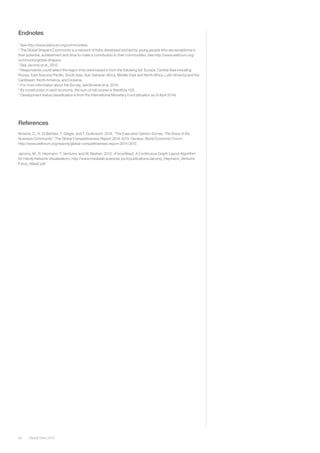 Global Risks 201560
Endnotes
1
See http://www.weforum.org/communities
2
The Global Shapers Community is a network of hubs developed and led by young people who are exceptional in
their potential, achievement and drive to make a contribution to their communities. See http://www.weforum.org/
community/global-shapers.
3
See Jacomy et al., 2012.
4
Respondents could select the region they were based in from the following list: Europe, Central Asia including
Russia, East Asia and Pacific, South Asia, Sub-Saharan Africa, Middle-East and North Africa, Latin America and the
Caribbean, North America, and Oceania.
5
For more information about the Survey, see Browne et al. 2014.
6
By construction in each economy, the sum of risk scores is therefore 100.
7
Development status classification is from the International Monetary Fund (situation as of April 2014).
References
Browne, C., A. Di Battista, T. Geiger, and T. Gutknecht. 2014. “The Executive Opinion Survey: The Voice of the
Business Community”. The Global Competitiveness Report 2014-2015. Geneva: World Economic Forum;
http://www.weforum.org/reports/global-competitiveness-report-2014-2015
Jacomy, M., S. Heymann, T. Venturini, and M. Bastian. 2012. «ForceAtlas2, A Continuous Graph Layout Algorithm
for Handy Network Visualization»; http://www.medialab.sciences-po.fr/publications/Jacomy_Heymann_Venturini-
Force_Atlas2.pdf.
 