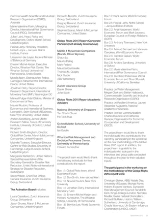 63Global Risks 2015
Commonwealth Scientific and Industrial
Research Organisation (CSIRO),
Australia
Marie-Valentine Florin, Managing
Director, International Risk Governance
Council (IRGC), Switzerland
Julian Laird, Head, Policy and
Development, Oxford Martin School,
United Kingdom
Pascal Lamy, Honorary President,
Notre Europe – Jacques Delors
Institute, France
Ursula von der Leyen, Federal Minister
of Defence of Germany
Erwann Michel-Kerjan, Executive
Director, Wharton Risk Center, The
Wharton School, University of
Pennsylvania, United States
Moisés Naím, Distinguished Fellow,
Carnegie Endowment for International
Peace, United States
Jonathan Ostry, Deputy Director,
Research Department, International
Monetary Fund (IMF), Washington DC
Manuel Pulgar-Vidal Otalora, Minister of
Environment of Peru
Nouriel Roubini, Professor of
Economics and International Business,
Leonard N. Stern School of Business,
New York University, United States
Anders Sandberg, James Martin
Research Fellow, Future of Humanity
Institute, University of Oxford, United
Kingdom
Richard Smith-Bingham, Director,
Global Risk Center, Marsh & McLennan
Companies, United Kingdom
Michelle Tuveson, Executive Director,
Centre for Risk Studies, University of
Cambridge Judge Business School,
United Kingdom
Margareta Wahlström, United Nations
Special Representative of the
Secretary-General for Disaster Risk
Reduction, United Nations International
Strategy for Disaster Reduction,
Switzerland
Steve Wilson, Chief Risk Officer,
General Insurance, Zurich Insurance
Group, Switzerland
The Activation Board includes:
Laura Castellano, Zurich Insurance
Group, Switzerland
Jason Groves, Marsh & McLennan
Companies, United Kingdom
Riccardo Moretto, Zurich Insurance
Group, Switzerland
Gregory Renand, Zurich Insurance
Group, Switzerland
Stephen Szaraz, Marsh & McLennan
Companies, United States
Global Risks 2015 Report Corporate
Partners (not already listed above)
Marsh & McLennan Companies
(Marsh, Oliver Wyman)
Shaun Lu
Maurits Paling
Mark Pollard
Maurizio Quintavalle
Thomas M. Quigley
Nick Studer
Alex Wittenberg
Zurich Insurance Group
Daniel Eherer
John Scott
Global Risks 2015 Report Academic
Advisers
National University of Singapore
Tan Chorh Chuan
Ho Teck Hua
Oxford Martin School, University of
Oxford
Ian Goldin
Wharton Risk Management and
Decision Processes Center,
University of Pennsylvania
Howard Kunreuther
The project team would like to thank
the following individuals for their
contribution to the report:
Box 1.1: Global Risks team, World
Economic Forum
Box 1.2: Dan Smith, International Alert
Box 1.3: Nouriel Roubini, New York
University
Box 1.4: Jonathan Ostry, International
Monetary Fund
Box 1.5: Erwann Michel-Kerjan and
Howard Kunreuther, The Wharton
School, University of Pennsylvania
Box 1.6: Bernice Lee, World Economic
Forum
Box 1.7: Danil Kerimi, World Economic
Forum
Box 2.1: Pascal Lamy, Notre Europe
– Jacques Delors Institute
Box 2.2: Anja Kaspersen, World
Economic Forum and Mark Leonard,
European Council on Foreign Relations
(ECFR)
Box 2.3: Anthony Townsend, New York
University
Box 2.4: Arnaud Bernaert and Vanessa
Candeias, World Economic Forum
Box 2.5: Caroline Galvan, World
Economic Forum
Box 2.6: Anders Sandberg, University
of Oxford
Box 2.7: Marie-Valentine Florin,
International Risk Governance Council
Box 2.8: Bernhard Petermeier, World
Economic Forum and Stuart Russell,
University of California, Berkeley
Practice on Water Management:
Megan Clark and Stefan Hajkowicz,
Commonwealth Scientific and Industrial
Research Organisation (CSIRO)
Practice on Resilient America: Lauren
Alexander Augustine, National
Academy of Sciences
Practice on Risk Communication:
Charles Baubion and Catherine
Gamper, Organisation for Economic
Co-operation and Development
(OECD)
The project team would like to thank
the individuals who contributed to the
report by participating in the workshop
on the new methodology of the Global
Risks 2015 report. In addition, the
project team is grateful to the
individuals who took part in the
interviews and group calls conducted
throughout the year for their valuable
inputs.
The participants in the workshop on
the methodology of the Global Risks
2015 report were:
Christoph Bleiker, ABB; Natalie Day,
University of Sussex; Michael Furrer,
Holcim; Evgueni Ivantsov, European
Risk Management Council; Randolph
Kent, King’s College London; Nicholas
Mueller, Swiss Federal Chancellery;
Richard Stoffelen, Holcim; William
Sutherland, University of Cambridge;
Chadia Wannous, UN System Influenza
Coordination (UNSIC), UNDP.
 