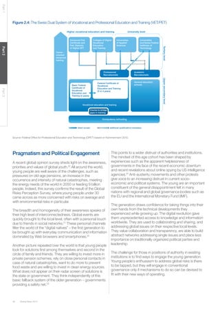 Part 1

Figure 2.4: The Swiss Dual System of Vocational and Professional Education and Training (VET/PET)
Higher vocational education and training
Colleges of Higher
Vocational
Education
and Training

Universities
of Applied
Sciences

Universities
and Swiss Federal
Institutes of
Technology

Career oriented
advanced
training

Professional
Baccalaureate

Academic
Baccalaureate
General education
schools

Part 3

Vocational education and training

Upper secondary level

Federal Certiﬁcate of
Vocational
Education and Training
(3 or 4 years)

Basic Federal
Certiﬁcate of
Vocational
Education and
Training (2 years)

Tertiary level

Part 2

Advanced Fed.
Certiﬁcate and
Fed. Diploma
of Higher VET

University level

Course to bridge
gaps in training

Compulsory schooling

direct access

additional qualiﬁcations necessary

Source: Federal Ofﬁce for Professional Education and Technology (OPET) based on Kammermann 2010.

Pragmatism and Political Engagement
A recent global opinion survey sheds light on the awareness,
priorities and values of global youth.20 All around the world,
young people are well aware of the challenges, such as
pressures on old-age pensions, an increase in the
occurrence and intensity of natural catastrophes, meeting
the energy needs of the world in 2050 or feeding 9 billion
people. Indeed, this survey conﬁrms the result of the Global
Risks Perception Survey, where young people under 30
came across as more concerned with risks on average and
with environmental risks in particular.
The breadth and homogeneity of their awareness speaks of
their high level of interconnectedness. Global events are
quickly brought to the local level, often with a personal touch
due to friends in social networks.21 These personal channels
ﬁlter the world of the “digital natives” – the ﬁrst generation to
be brought up with everyday communication and information
dominated by Web browsers and smartphones.22
Another picture repeated over the world is that young people
look for solutions ﬁrst among themselves and second in the
circle of family and friends. They are willing to invest more in
private pension schemes, rely on close personal contacts in
case of natural catastrophes, want to do more to prevent
food waste and are willing to invest in clean energy sources.
What does not appear on their radar screen of solutions is
the state or government. They think independently of this
basic fallback system of the older generation – governments
providing a safety net.23

36

Global Risks 2014

This points to a wider distrust of authorities and institutions.
The mindset of this age cohort has been shaped by
experiences such as the apparent helplessness of
governments in the face of the recent economic downturn
and recent revelations about online spying by US intelligence
agencies.24 Anti-austerity movements and other protests
give voice to an increasing distrust in current socioeconomic and political systems. The young are an important
constituent of the general disappointment felt in many
nations with regional and global governance bodies such as
the EU and the International Monetary Fund (IMF).
This generation draws conﬁdence for taking things into their
own hands from the technical developments they
experienced while growing up. The digital revolution gave
them unprecedented access to knowledge and information
worldwide. They are used to collaborating and sharing, and
addressing global issues on their respective local levels.
They value collaboration and transparency, are able to build
abstract networks addressing single issues and place less
importance on traditionally organized political parties and
leadership.
The challenge for those in positions of authority in existing
institutions is to ﬁnd ways to engage the young generation.
Young people’s enthusiasm to address global risks is there
to be tapped, but they will engage in conventional
governance only if mechanisms to do so can be devised to
ﬁt with their new ways of operating.

 