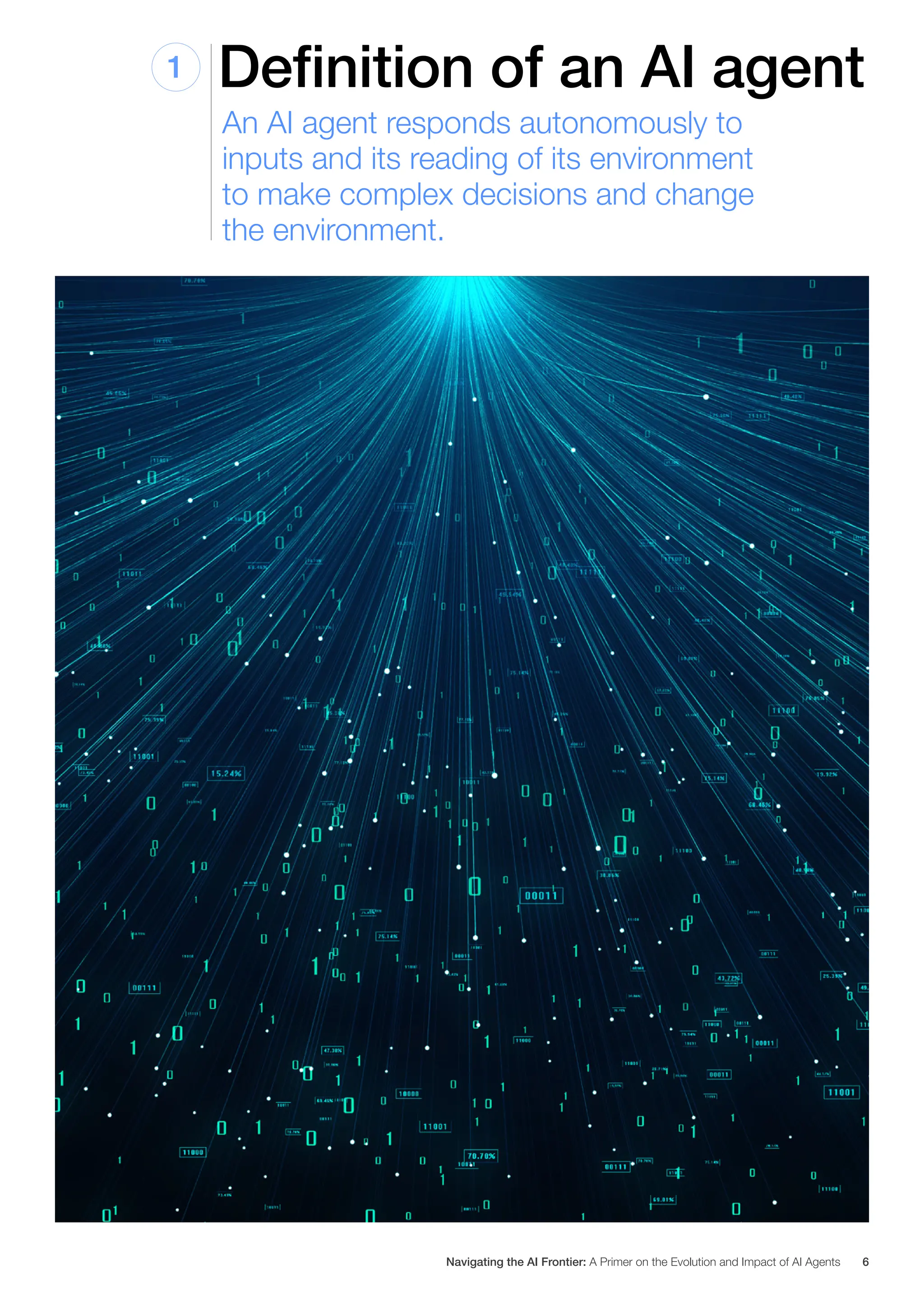 Definition of an AI agent
1
An AI agent responds autonomously to
inputs and its reading of its environment
to make complex decisions and change
the environment.
Navigating the AI Frontier: A Primer on the Evolution and Impact of AI Agents 6
 