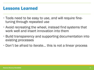 Resource Recovery Roundtable 26
• Tools need to be easy to use, and will require fine-
tuning through repeated use
• Avoid...