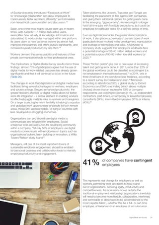 29Digital Media and Society
of Scotland recently introduced “Facebook at Work”
to “encourage collaboration and allow employees to
communicate faster and more efficiently” as it stimulates
non-hierarchical communication and discussion.75
Slack, one of the most highly valued start-ups in recent
times, with currently 1.7 million daily active users,
exemplifies how virtually all knowledge, information and
data related to work can be managed within one platform.
Its users claim to have cut email volume by almost half,
improved transparency and offline culture significantly, and
increased overall productivity by one-third.76
Workers demand the same usability and features of their
private communication tools for their professional ones.
The Implications of Digital Media Survey results mirror these
findings: almost 70% of participants agree that the use of
digital media for work-related purposes has already grown
significantly and that it will continue to do so in the future
(Table 20).
The changes in work that digitization and digital media have
facilitated bring several advantages for workers, employers
and society at large. Beyond enhanced productivity, the
greater flexibility afforded by digital media allows for better
work-life integration – a critical element in enabling workers
to effectively juggle multiple roles as workers and caregivers.
On a larger scale, higher work flexibility is helping to equalize
and globalize work opportunities for people living in remote
areas, those who are less mobile, or living in countries with
less developed or struggling economies.
Organizations can and should use digital media to
communicate and engage with employees. Social
enterprise tools are well suited for developing community
within a company. Yet only 56% of employers use digital
media to communicate with employees on topics such as
organizational culture, team building or innovation, a Willis
Towers Watson study found.77
Managers, still one of the most important drivers of
sustainable employee engagement, should be enabled
to use social business and collaboration tools to intensify
employee productivity and engagement.
Talent platforms, like Upwork, Topcoder and Tongal, are
facilitating the placement of free agents with companies,
and giving them additional options for getting work done.
In the emerging “gig economy”, workers might no longer
hold full-time jobs with fixed job descriptions, but could be
employed for particular tasks for a defined period of time.
Even as digitization enables the greater democratization
of work, it also places a premium on certain types of work
(particularly those involved in the development, manipulation
and leverage of technology and data). A McKinsey &
Company study suggests that employers worldwide face
a potential shortage of 38-40 million skilled workers and
a potential surplus of 90-95 million low-skill workers by
2020.78
These “friction points” give rise to new ways of accessing
talent and getting work done. In 2011, more than 22% of
the global workforce could be classified as contingent (i.e.
not employees in the traditional sense).79
In 2014, one in
three Americans in the workforce was freelance, according
to a recent survey by Freelancers Union.80
Moreover,
according to Workforce 2020, a global study by Oxford
Economics and SAP, one finding (which allows multiple
choices) shows that an impressive 83% of company-
respondents use: contingent workers (41%, i.e. independent
contractors, part-timers, or temporary or leased employees),
consultants (34%), intermittent employees (35%) or interns
(40%).81
This represents real change for employers as well as
workers, permitting work and talent to flow in and
out of organizations, boosting agility, productivity and
competitiveness. As more work moves outside the
traditional employment relationship, organizations inevitably
will need to become more flexible, collaborative, interlinked
and permeable to allow tasks to be accomplished by the
most capable talent – whether this be a full- or part-time
employee, a freelancer or an employee of an outsourcer.
41% of companies have contingent
employees
 