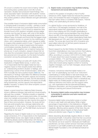 34 Digital Media and Society
Of concern is whether the recent trend of taking “selfies”
and posting status updates about one’s life nurtures
narcissism. Studies have produced mixed findings. One
study associates higher narcissism with students’ motives
for using Twitter; more narcissistic students are likely to say
they posted updates to attract followers and gain admiration
on the site.105
One possible impact of excessive digital media consumption
is changing levels of empathy in society – perhaps a result
of the fewer hours that such consumption leaves for face-
to-face communication. A 2010 study by researcher Sara
Konrath found a 40% decline in empathy among college
students over the past 30 years, with most of the decline
occurring after 2000. The study specifically looked at four
different types of empathy and found that the biggest drops
are in empathic concern or concern for the misfortunes of
others, and in perspective taking, which requires an ability
to imagine other people’s points of view.106
Support for this
finding comes from a range of experiments that explore
commonplace everyday situations for college students –
for example, sitting together over a meal but having their
phones out. In such a situation, research shows that not
only does the conversation become about topics that are
less personal and more generic, but the level of empathic
connection among the participants also declines.
Interestingly, this finding is at odds with results of the
Implications of Digital Media Survey, in which only
7% of respondents feel that digital media has had a
negative impact on their empathy levels (here defined
as “understanding another’s situation or feelings, and
experiencing a sense of their emotional state”), while 54%
think it actually has had a positive impact (Table 22). The
discrepancy in findings might reflect the difference between
asking people about their empathic capacity and studying
their measured performance on tests. But the discrepancy
might also indicate that the definition of empathy is actually
being transformed, and the capacity that respondents
labelled “empathy” is distinct from either empathic concern
or perspective taking.
Indeed, a recent study from California State University
shows a difference between real-world and virtual empathy,
although they correlate.107
Whether empathy is negatively
affected depends on what is being done online, for example,
when (non-verbal) communication is lacking, as in video
gaming. But online activities can also improve time spent in
face-to-face communication. However, the study did find
that real-world empathy has a stronger relationship with
social support. In other words, “a hug feels six times more
supportive than an emoji”, as The Wall Street Journal put it
in an article on the topic.108
Regarding the impact of digital media on our most important
social connections, 61% of respondents to the Implications
of Digital Media Survey view digital media as helpful to
maintaining already existing relationships with friends, and
45% believe it is helpful in forming new ones (Table 22).
5.	 Digital media consumption may facilitate bullying,
harassment and social defamation
Linked to the question of empathy is that of hurtful
behaviours online. Digital media has reduced the potential
costs, and increased the ease of engaging in behaviours
that harm either others or ourselves Hate speech, “internet
trolling” and cyberbullying are serious issues.
In a global YouGov survey sponsored by Vodafone, of
more than 4,700 teenagers worldwide, one-half of the
respondents stated that cyberbullying was worse than
face-to-face bullying and 43% thought cyberbullying is
now a worse problem among teenagers than drug abuse.
About one-fifth of the total sample reported having been
cyberbullied. Of those, 41% stated cyberbullying made them
feel depressed and 18% said it had made them consider
suicide. The survey also found that 40% of students who
were bullied online did not tell their parents because of
feelings of shame or fear.109
Recent research by the Net Children Go Mobile project
found that cyberbullying is now more common than bullying
in person – 12% have been bullied online versus 10%
offline, according to a survey in 2013-2014 of children aged
9-16 years drawn from seven European countries.110
Of the
surveyed children, 17% said they had been bothered or
upset by something on the internet. Beyond cyberbullying,
online risks include seeing negative content or receiving
negative messages, such as hate messages, sexual content
and self-harm sites.
However, it should be noted that digital media is not
the “root” of cyberbullying, but more of an “instrument”.
Cyberbullying is mostly related to real-world issues and
personal emotional or psychological problems. Often, offline
and online bullying are connected. Used in a beneficial way,
digital media can enable people to express rejection of
malicious behaviour and victims can find support online,
e.g., with organisations like the International Bullying
Prevention Association, and the European Network Against
Bullying in Learning and Leisure Environments.
6.	 Excessive digital media consumption may increase
vulnerability to addiction and harm mental and
physical health
Excessive digital media consumption poses a number
of risks to user health and well-being. While a higher
percentage of respondents in the Implications of Digital
Media Survey feel that digital media is positively, rather than
negatively, affecting various aspects of their lives, they are
the least positive about impacts on their physical health,
stress and attention span. (Figure 14, Table 22)
Before describing all potentially negative effects on mental
and physical health, it should be noted that their occurrence
is largely dependent on the way digital media is being used.
The internet can be an asset for individuals and healthcare
practitioners, as many content services have been provided
to prevent or cure health problems (for example, the UK
Mental Health Foundation or the US National Institute for
Health).111 112
 