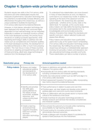 New Vision for Education 20
Chapter 4: System-wide priorities for stakeholders
Students require new skills in the 21st century, while
educators and other stakeholders require new
measures of performance. Education technology has
the potential to fundamentally increase efficiency and
effectiveness throughout the closed loop, as well as a
unique potential to facilitate the teaching of
21st-century skills beyond foundational literacies.
However, in most places, education technology has
been deployed only recently, with outcomes highly
dependent on how well technology can be integrated
holistically to address an individual country’s context.
In the most developed countries, the primary focus
should be on scaling successful approaches, while
expanding technology’s ability to address new skill
needs such as competencies and character qualities.
In the least developed countries, the development of
foundational literacies is often a much more pressing
problem. The main focus in many of these countries
should be on adapting and experimenting with some
of these promising, albeit early-stage technological
solutions from the developed world.
To understand how stakeholders can move forward
in many of these directions at once, it’s helpful to
come back to our closed-loop model. In addition to
operating at the level of the classroom and the
school network, the closed loop also operates
systemically – whether at the country, state or the
district level. For example, at the country level,
policy-makers can help define the learning objectives
and policies tied to the overall aspirations for a
knowledgeable and economically productive
citizenry. Educators then design the standards and
specific curriculum, deliver selected models and
assess their efficacy.
Policy-makers and educators have a particularly
useful role to play at the system level in embedding
21st-century skills and education technology across
the closed loop. But fulfilling the promise of the
closed loop will require a multistakeholder approach
involving not just policy-makers and educators, but
also educational-technology providers and funds.
These stakeholders can take a number of actions.
Stakeholder group
Policy-makers
Primary role Actions/capabilities needed
• Assess and realign
educational systems
and standards for
the development of
21st-century skills
• Identify and prioritize
key skills gaps,
paying attention to
the needs of local
economies, available
resources, and
unique country-level
constraints
• Create a learning
environment that
supports innovation,
both from schools
and from
education-technology
players
• Agree on definitions and globally uniform standards to
measure 21st-century skills
• Incorporate all 21st-century skills into learning standards,
including competencies and character qualities
• Certify new instructional content such as OER and align it to
21st-century skills standards
• Direct assessment towards 21st-century skills, incorporating
new metrics beyond foundational literacies
• Track performance in relation to peers and over time
• Prioritize gaps, set clear targets and develop action plans to
address gaps and overcome country-level constraints
• Work in collaboration with the private sector to improve skills
critical to the workforce of the future
• Create incentives for education technology providers to
develop products and services that develop competencies
and character qualities
• Give schools the autonomy to innovate while maintaining
accountability for high learning standards
• Provide funding for innovative school networks that
demonstrate improved outcomes
• Create a dialogue with innovative players to accelerate the
spread of best practices into the mainstream
 