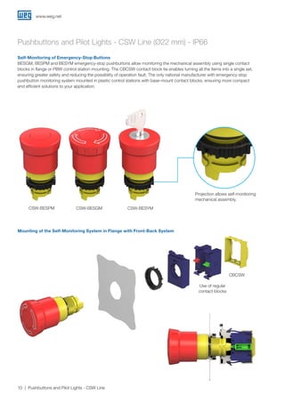 www.weg.net
10 Pushbuttons and Pilot Lights - CSW Line
Self-Monitoring of Emergency-Stop Buttons
BESGM, BESPM and BESYM emergency-stop pushbuttons allow monitoring the mechanical assembly using single contact
blocks in flange or PBW control station mounting. The CBCSW contact block tie enables turning all the items into a single set,
ensuring greater safety and reducing the possibility of operation fault. The only national manufacturer with emergency-stop
pushbutton monitoring system mounted in plastic control stations with base-mount contact blocks, ensuring more compact
and efficient solutions to your application.
Pushbuttons and Pilot Lights - CSW Line (Ø22 mm) - IP66
CSW-BESPM CSW-BESGM CSW-BESYM
Mounting of the Self-Monitoring System in Flange with Front-Back System
Projection allows self-monitoring
mechanical assembly.
CBCSW
Use of regular
contact blocks
 