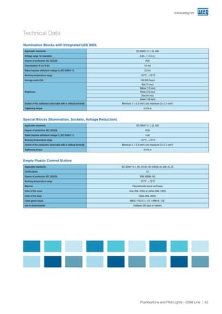 www.weg.net
45Pushbuttons and Pilot Lights - CSW Line
Illumination Blocks with Integrated LED BIDL
Special Blocks (Illumination, Sockets, Voltage Reduction)
Empty Plastic Control Station
Applicable standards IEC 60947-5-1, UL 508
Voltage range for operation 0.85...1.10 x Ue
Degree of protection (IEC 60529) IP20
Consumption (V ac/ V dc) 10 mA
Rated impulse withstand voltage Ui
(IEC 60947-1) 2.5 kV
Working temperature range - 25 ºC...+70 ºC
Average useful life 100.000 hours
Brightness
Red 70 mcd
Yellow 115 mcd
White 275 mcd
Blue 64 mcd
Green 150 mcd
Section of the conductors (wire/cable with or without terminal) Minimum (1 x 0.5 mm2
) and maximum (2 x 2.5 mm2
)
Tightening torque 0.8 N.m
Applicable standards IEC 60947-5-1, UL 508
Degree of protection (IEC 60529) IP20
Rated impulse withstand voltage Ui
(IEC 60947-1) 4 kV
Working temperature range - 25 ºC...+70 ºC
Section of the conductors (wire/cable with or without terminal) Minimum (1 x 0.5 mm2
) and maximum (2 x 2.5 mm2
)
Tightening torque 0.8 N.m
Applicable standards IEC 60947-5-1, IEC 50102, IEC 60529, UL 508, UL 50
Certifications CE
Degree of protection (IEC 60529) IP66 (NEMA 4X)
Working temperature range -25 ºC...+70 ºC
Material Polycarbonate (cover and base)
Color of the cover Grey (RAL 7035) or yellow (RAL 1003)
Color of the base Black (RAL 9005)
Cable gland inputs ØM20 / PG13.5 / 1/2” e ØM16 / 3/8”
Use in environments Outdoors (UV rays) or indoors
Technical Data
 
