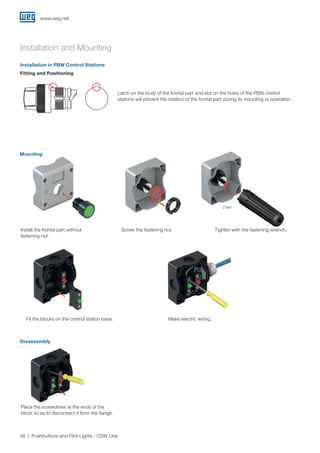 www.weg.net
48 Pushbuttons and Pilot Lights - CSW Line
Installation in PBW Control Stations
Disassembly
Fitting and Positioning
Latch on the body of the frontal part and slot on the holes of the PBW control
stations will prevent the rotation of the frontal part during its mounting or operation.
Place the screwdriver at the ends of the
block so as to disconnect it from the flange.
Mounting
2 Nm
Install the frontal part without
fastening nut.
Fit the blocks on the control station base. Make electric wiring.
Screw the fastening nut. Tighten with the fastening wrench.
Installation and Mounting
 