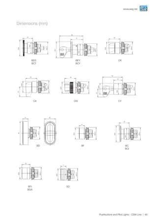 www.weg.net
49Pushbuttons and Pilot Lights - CSW Line
BFI
BGA
SD
20
14
Ø28
Ø28
BF BC
BCI
14
25
Ø28
Ø40
Ø28
BD
14 28
58
CKI CY
28
50
22
Ø28
Ø28
Ø28
20
CA
Ø28
24
28
BEG
BCT
BEY
BCY
CK
25
Ø40
Ø28
Ø30.5
Ø40
Ø28
Ø30.5
Ø28
31
59
28
Dimensions (mm)
Ø30.5
Ø30.5
Ø30.5
Ø30.5
Ø30.5
Ø30.5
Ø30.5
Ø30.5
Ø30.5
 