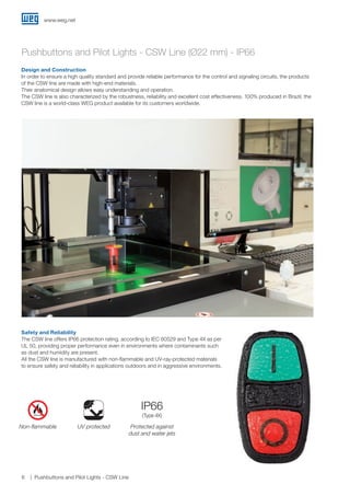www.weg.net
6 Pushbuttons and Pilot Lights - CSW Line
Design and Construction
In order to ensure a high quality standard and provide reliable performance for the control and signaling circuits, the products
of the CSW line are made with high-end materials.
Their anatomical design allows easy understanding and operation.
The CSW line is also characterized by the robustness, reliability and excellent cost effectiveness. 100% produced in Brazil, the
CSW line is a world-class WEG product available for its customers worldwide.
Pushbuttons and Pilot Lights - CSW Line (Ø22 mm) - IP66
Safety and Reliability
The CSW line offers IP66 protection rating, according to IEC 60529 and Type 4X as per
UL 50, providing proper performance even in environments where contaminants such
as dust and humidity are present.
All the CSW line is manufactured with non-flammable and UV-ray-protected materials
to ensure safety and reliability in applications outdoors and in aggressive environments.
IP66
(Type 4X)
UV protectedNon-flammable Protected against
dust and water jets
 