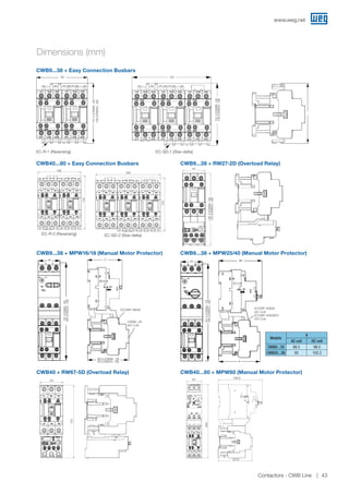 Dimensions (mm)
40.50
120.6
9
54
115
120.6
108
115
108
134
45
5
105
5
54
263
120.6
156.6
54
170
H
G
F
E
D
C
B
A
1 2 3 4 5 6 7 8
40.50
120.6
54
9
72
115
71
9
18
72
54
108
115
162
134
108
134
45
5
105
5
54
170
4 5 6 7 8 9 10 11
CHECKED
MASSA BRUTA/GROSS WEIGHT ESCALA/SCALE 1:1
SWD-A1
00
ECM LOC
FOL/SHEET
RELEASED DATE
VER
EXECUTED
10.02.2017
CWB80 2D
00
1 1
RESUMO DE MODIFICAÇÕES
JULIANOBR
VERIF/CHECKED
EXEC
LIBER/RELEASED
DT LIBER/REL DT
EXECUTADO VERIFICADO LIBERADO DATA
MASSA LÍQUIDA/NET WEIGHT
Propriedade da WEG. Proibida reprodução sem autorização prévia./ WEG's property. Forbidden reproduction without previous authorization.
kg kg
40.50
120.6
54
9
72
115
719
18
72
54
115
162
134
108
134
170
6 7 8 9 10 11
CHECKED
MASSA BRUTA/GROSS WEIGHT ESCALA/SCALE 1:1
SWD-A1
00
ECM LOC
FOL/SHEET
RELEASED DATE
VER
EXECUTED
10.02.2017
CWB80 2D
00
1 1
RESUMO DE MODIFICAÇÕES
JULIANOBR
VERIF/CHECKED
EXEC
LIBER/RELEASED
DT LIBER/REL DT
EXECUTADO VERIFICADO LIBERADO DATA
MASSA LÍQUIDA/NET WEIGHT
Propriedade da WEG. Proibida reprodução sem autorização prévia./ WEG's property. Forbidden reproduction without previous authorization.
kg kg
CWB9...38 + Easy Connection Busbars
106
90
106
90
EC-R-1 (Reversing)
90
106101.4(CWB9...18)
106(CWB25...38)
EC-SD-1 (Star-delta)
106
135135
106101.4(CWB9...18)
106(CWB25...38)
Models
A
AC coil DC coil
CWB9...18 89.5 98.5
CWB25...38 93 102.2
CWB9...38 + MPW25/40 (Manual Motor Protector)
CWB40 + RW67-5D (Overload Relay) CWB40...80 + MPW80 (Manual Motor Protector)
CWB9...38 + RW27-2D (Overload Relay)CWB40...80 + Easy Connection Busbars
CWB9...38 + MPW16/18 (Manual Motor Protector)
45
143
45
136.4(CWB9...18)
143(CWB25...38)
77
93
45
198
45
191(CWB9...18)
198(CWB25...38)
77
93
45
198
ECCMP-18B38
77
89.5 (CWB9...18)
93 (CWB25...38)
CWB9...38
(AC Coil)
98
45
A
98
45
A
198
45
191.4(CWB9...18)
198(CWB25...38)
EC-R-2 (Reversing)
108
134
EC-SD-2 (Star-delta)
134
162
98
45
A
98
45
A
198
98
A
ECCMP-40B38
(AC Coil)
ECCMP-40B38DC
(DC Coil)
54
156.6
263
120.6
54
170
45
143
www.weg.net
Contactors - CWB Line 43
 