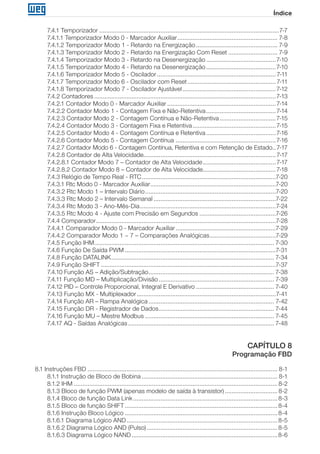 Índice 
7.4.1 Temporizador...........................................................................................................7-7 
7.4.1.1 Temporizador Modo 0 - Marcador Auxiliar............................................................ 7-8 
7.4.1.2 Temporizador Modo 1 - Retardo na Energização................................................. 7-9 
7.4.1.3 Temporizador Modo 2 - Retardo na Energização Com Reset.............................. 7-9 
7.4.1.4 Temporizador Modo 3 - Retardo na Desenergização..........................................7-10 
7.4.1.5 Temporizador Modo 4 - Retardo na Desenergização..........................................7-10 
7.4.1.6 Temporizador Modo 5 - Oscilador....................................................................... 7-11 
7.4.1.7 Temporizador Modo 6 - Oscilador com Reset..................................................... 7-11 
7.4.1.8 Temporizador Modo 7 - Oscilador Ajustável........................................................7-12 
7.4.2 Contadores............................................................................................................7-13 
7.4.2.1 Contador Modo 0 - Marcador Auxiliar.................................................................7-14 
7.4.2.2 Contador Modo 1 - Contagem Fixa e Não-Retentiva..........................................7-14 
7.4.2.3 Contador Modo 2 - Contagem Contínua e Não-Retentiva..................................7-15 
7.4.2.4 Contador Modo 3 - Contagem Fixa e Retentiva..................................................7-15 
7.4.2.5 Contador Modo 4 - Contagem Contínua e Retentiva..........................................7-16 
7.4.2.6 Contador Modo 5 - Contagem Contínua ............................................................7-16 
7.4.2.7 Contador Modo 6 - Contagem Contínua, Retentiva e com Retenção de Estado...7-17 
7.4.2.8 Contador de Alta Velocidade..............................................................................7-17 
7.4.2.8.1 Contador Modo 7 – Contador de Alta Velocidade............................................7-17 
7.4.2.8.2 Contador Modo 8 – Contador de Alta Velocidade............................................7-18 
7.4.3 Relógio de Tempo Real - RTC................................................................................7-20 
7.4.3.1 Rtc Modo 0 - Marcador Auxiliar...........................................................................7-20 
7.4.3.2 Rtc Modo 1 – Intervalo Diário..............................................................................7-20 
7.4.3.3 Rtc Modo 2 – Intervalo Semanal.........................................................................7-22 
7.4.3.4 Rtc Modo 3 - Ano-Mês-Dia.................................................................................7-24 
7.4.3.5 Rtc Modo 4 - Ajuste com Precisão em Segundos..............................................7-26 
7.4.4 Comparador...........................................................................................................7-28 
7.4.4.1 Comparador Modo 0 - Marcador Auxiliar............................................................7-29 
7.4.4.2 Comparador Modo 1 ~ 7 – Comparações Analógicas........................................7-29 
7.4.5 Função IHM........................................................................................................... 7-30 
7.4.6 Função De Saída PWM..........................................................................................7-31 
7.4.8 Função DATALINK................................................................................................. 7-34 
7.4.9 Função SHIFT........................................................................................................7-37 
7.4.10 Função AS – Adição/Subtração........................................................................... 7-38 
7.4.11 Função MD – Multiplicação/Divisão..................................................................... 7-39 
7.4.12 PID – Controle Proporcional, Integral E Derivativo............................................... 7-40 
7.4.13 Função MX - Multiplexador...................................................................................7-41 
7.4.14 Função AR – Rampa Analógica........................................................................... 7-42 
7.4.15 Função DR - Registrador de Dados..................................................................... 7-44 
7.4.16 Função MU – Mestre Modbus............................................................................. 7-45 
7.4.17 AQ - Saídas Analógicas....................................................................................... 7-48 
CAPÍTULO 8 
Programação FBD 
8.1 Instruções FBD................................................................................................................. 8-1 
8.1.1 Instrução de Bloco de Bobina................................................................................. 8-1 
8.1.2 IHM......................................................................................................................... 8-2 
8.1.3 Bloco de função PWM (apenas modelo de saída à transistor)................................ 8-2 
8.1.4 Bloco de função Data Link...................................................................................... 8-3 
8.1.5 Bloco de função SHIFT........................................................................................... 8-4 
8.1.6 Instrução Bloco Lógico........................................................................................... 8-4 
8.1.6.1 Diagrama Lógico AND..........................................................................................8-5 
8.1.6.2 Diagrama Lógico AND (Pulso)..............................................................................8-5 
8.1.6.3 Diagrama Lógico NAND.......................................................................................8-6 
 