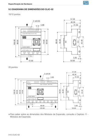 9-8 | CLIC-02
Especificação de Hardware
9.5 DIAGRAMA DE DIMENSÕES DO CLIC-02
10/12 pontos
20 pontos
„„ Para saber sobre as dimensões dos Módulos de Expansão, consulte o Capítulo 11 -
Módulos de Expansão.
 