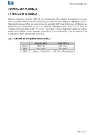 CLIC-02 2-1
Informações Gerais
2 INFORMAÇÕES GERAIS
2.1 RESUMO DE MUDANÇAS
Os relés inteligentes da linha CLIC-02 foram totalmente reformulados, ampliando ainda mais
suas capacidades em controle e automatização de sistemas e máquinas de pequeno porte.
O presente manual refere-se exclusivamente à versão de firmware V3.x, que contempla as
novas funções implementadas e o novo software de programação Clic02 Edit V3. Para as
versões anteriores do CLIC-02 – V1.x e 2.x – consultar o manual de programação específico.
As tabelas abaixo mostram as principais atualizações e as novas funções, através de uma
comparação com os modelos anteriores.
2.1.1 Tamanho do Programa e Display LCD
CLIC-02 V3.0 CLIC-02 V2.x
Ladder 300 linhas 200 linhas
FBD 260 blocos 99 blocos
LCD 4 linhas × 16 caracteres 4 linhas × 12 caracteres
 