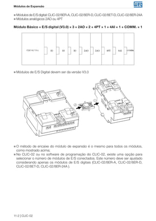 11-2 | CLIC-02
Módulos de Expansão
„„ MódulosdeE/Sdigital:CLIC-02/8ER-A,CLIC-02/8ER-D,CLIC-02/8ET-D,CLIC-02/8ER-24A
„„ Módulos analógicos 2AO ou 4PT
Módulo Básico + E/S digital (V3.0) × 3 + 2AO × 2 + 4PT × 1 + 4AI × 1 + COMM. × 1
„„ Módulos de E/S Digital devem ser da versão V3.0
„„ O método de encaixe do módulo de expansão é o mesmo para todos os módulos,
como mostrado acima;
„„ No CLIC-02 ou no software de programação do CLIC-02, existe uma opção para
selecionar o número de módulos de E/S conectados. Este número deve ser ajustado
considerando apenas os módulos de E/S digitais (CLIC-02/8ER-A, CLIC-02/8ER-D,
CLIC-02/8ET-D, CLIC-02/8ER-24A ).
 