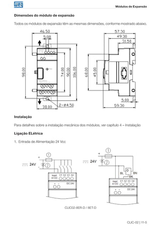 CLIC-02 | 11-5
Módulos de Expansão
Dimensões do módulo de expansão
Todos os módulos de expansão têm as mesmas dimensões, conforme mostrado abaixo.
Instalação
Para detalhes sobre a instalação mecânica dos módulos, ver capítulo 4 – Instalação
Ligação ELétrica
1.	 Entrada de Alimentação 24 Vcc
CLIC02-8ER-D / 8ET-D
 