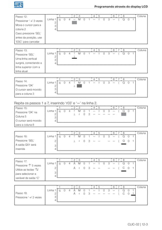 CLIC-02 | 12-3
Programando através do display LCD
Passo 12:
Pressionar ‘→’ 3 vezes
Mova o cursor para a
coluna 2
Caso pressione ‘SEL’
antes da posição, use
‘ESC’ para cancelar
1 2 3 4 5 6 7 8 Coluna
Linha 1 q 0 4 — M 0 1 — I 0 3 — ( Q 0 1
2
3
4
Passo 13:
Pressione ‘SEL’
Uma linha vertical
surgirá, conectando a
linha superior com a
linha atual
1 2 3 4 5 6 7 8 Coluna
Linha 1 q 0 4 T M 0 1 — I 0 3 — ( Q 0 1
2 ⊥
3
4
Passo 14:
Pressione ‘OK’
O cursor será movido
para a coluna 3
1 2 3 4 5 6 7 8 Coluna
Linha 1 q 0 4 T M 0 1 — I 0 3 — ( Q 0 1
2 ⊥
3
4
Repita os passos 1 a 7, inserindo ‘r03’ e ‘—’ na linha 2.
Passo 15:
Pressione ‘OK’ na
Coluna 5
O cursor será movido
para a coluna 8
1 2 3 4 5 6 7 8 Coluna
Linha 1 q 0 4 T M 0 1 — I 0 3 — ( Q 0 1
2 ⊥ r 0 3 — — — — —
3
4
Passo 16:
Pressione ‘SEL’
A saída Q01 será
inserida
1 2 3 4 5 6 7 8 Coluna
Linha 1 q 0 4 T M 0 1 — I 0 3 — ( Q 0 1
2 ⊥ r 0 3 — — — — ( Q 0 1
3
4
Passo 17:
Pressione ‘↑’ 5 vezes
Utilize as teclas ‘↑↓’
para selecionar a
variável de saída ‘C’
1 2 3 4 5 6 7 8 Coluna
Linha 1 q 0 4 Â M 0 1 — I 0 3 — ( Q 0 1
2 Á r 0 3 — — — — ( C 0 1
3
4
Passo 18:
Pressione ‘→’ 2 vezes
1 2 3 4 5 6 7 8 Coluna
Linha 1 q 0 4 Â M 0 1 — I 0 3 — ( Q 0 1
2 Á r 0 3 — — — — — ( C 0 1
3
4
 