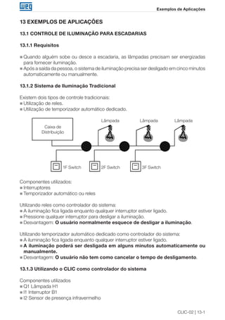 CLIC-02 | 13-1
Exemplos de Aplicações
13 EXEMPLOS DE APLICAÇÕES
13.1 CONTROLE DE ILUMINAÇÃO PARA ESCADARIAS
13.1.1 Requisitos
„„ 	Quando alguém sobe ou desce a escadaria, as lâmpadas precisam ser energizadas
para fornecer iluminação.
„„ Após a saída da pessoa, o sistema de iluminação precisa ser desligado em cinco minutos
automaticamente ou manualmente.
13.1.2 Sistema de Iluminação Tradicional
Existem dois tipos de controle tradicionais:
„„ Utilização de reles.
„„ Utilização de temporizador automático dedicado.
Caixa de
Distribuição
Lâmpada
1F Switch 2F Switch 3F Switch
Lâmpada Lâmpada
Componentes utilizados:
„„ Interruptores
„„ Temporizador automático ou reles
Utilizando reles como controlador do sistema:
„„ A iluminação fica ligada enquanto qualquer interruptor estiver ligado.
„„ Pressione qualquer interruptor para desligar a iluminação.
„„ Desvantagem: O usuário normalmente esquece de desligar a iluminação.
Utilizando temporizador automático dedicado como controlador do sistema:
„„ A iluminação fica ligada enquanto qualquer interruptor estiver ligado.
„„ A iluminação poderá ser desligada em alguns minutos automaticamente ou
manualmente.
„„ Desvantagem: O usuário não tem como cancelar o tempo de desligamento.
13.1.3 Utilizando o CLIC como controlador do sistema
Componentes utilizados
„„ Q1 Lâmpada H1
„„ I1 Interruptor B1
„„ I2 Sensor de presença infravermelho
 