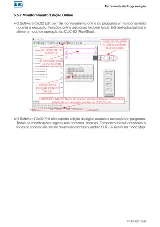 CLIC-02 | 5-9
Ferramenta de Programação
5.5.7 Monitoramento/Edição Online
„„ O Software Clic02 Edit permite monitoramento online do programa em funcionamento
durante a execução. Funções online adicionais incluem forçar E/S (entradas/saídas) e
alterar o modo de operação do CLIC-02 (Run/Stop).
ALTERNA ENTRE
RUN/STOP
EXIBE OS VALORES
ATUAIS DA BOBINA
SELECIONADA
OPÇÃO PARA
FORÇAR PONTOS
DE E/S
BARRA DE ESTADO: Nome do arquivo, versão de fimware, modo atual,
estado da comunicação, modelo do CLIC-02 e ID
O CIRCUITO ATIVO
MUDA DE COR
„„ O Software Clic02 Edit não suporta edição da lógica durante a execução do programa.
Todas as modificações lógicas nos contatos, bobinas, Temporizadores/Contadores e
linhas de conexão do circuito devem ser escritas quando o CLIC-02 estiver no modo Stop.
 