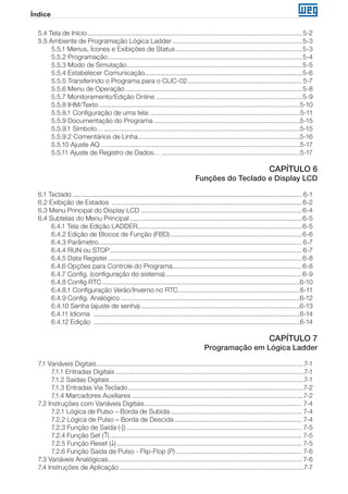 Índice
5.4 Tela de Início..................................................................................................................... 5-2
5.5 Ambiente de Programação Lógica Ladder.......................................................................5-3
5.5.1 Menus, Ícones e Exibições de Status.....................................................................5-3
5.5.2 Programação..........................................................................................................5-4
5.5.3 Modo de Simulação................................................................................................5-5
5.5.4 Estabelecer Comunicação......................................................................................5-6
5.5.5 Transferindo o Programa para o CLIC-02............................................................... 5-7
5.5.6 Menu de Operação.................................................................................................5-8
5.5.7 Monitoramento/Edição Online................................................................................5-9
5.5.8 IHM/Texto..............................................................................................................5-10
5.5.8.1 Configuração de uma tela:..................................................................................5-11
5.5.9 Documentação do Programa................................................................................5-15
5.5.9.1 Símbolo…...........................................................................................................5-15
5.5.9.2 Comentários de Linha........................................................................................5-16
5.5.10 Ajuste AQ ….........................................................................................................5-17
5.5.11 Ajuste de Registro de Dados…............................................................................5-17
CAPÍTULO 6
Funções do Teclado e Display LCD
6.1 Teclado............................................................................................................................. 6-1
6.2 Exibição de Estados ........................................................................................................ 6-2
6.3 Menu Principal do Display LCD ........................................................................................6-4
6.4 Subtelas do Menu Principal..............................................................................................6-5
6.4.1 Tela de Edição LADDER..........................................................................................6-5
6.4.2 Edição de Blocos de Função (FBD)........................................................................6-6
6.4.3 Parâmetro............................................................................................................... 6-7
6.4.4 RUN ou STOP......................................................................................................... 6-7
6.4.5 Data Register..........................................................................................................6-8
6.4.6 Opções para Controle do Programa.......................................................................6-8
6.4.7 Config. (configuração do sistema)...........................................................................6-9
6.4.8 Config RTC............................................................................................................6-10
6.4.8.1 Configuração Verão/Inverno no RTC...................................................................6-11
6.4.9 Config. Analógico..................................................................................................6-12
6.4.10 Senha (ajuste de senha).......................................................................................6-13
6.4.11 Idioma .................................................................................................................6-14
6.4.12 Edição .................................................................................................................6-14
CAPÍTULO 7
Programação em Lógica Ladder
7.1 Variáveis Digitais.................................................................................................................7-1
7.1.1 Entradas Digitais.......................................................................................................7-1
7.1.2 Saídas Digitais..........................................................................................................7-1
7.1.3 Entradas Via Teclado................................................................................................7-2
7.1.4 Marcadores Auxiliares..............................................................................................7-2
7.2 Instruções com Variáveis Digitais...................................................................................... 7-4
7.2.1 Lógica de Pulso – Borda de Subida........................................................................ 7-4
7.2.2 Lógica de Pulso – Borda de Descida...................................................................... 7-4
7.2.3 Função de Saída (-[)................................................................................................ 7-5
7.2.4 Função Set (↑)......................................................................................................... 7-5
7.2.5 Função Reset (↓)..................................................................................................... 7-5
7.2.6 Função Saída de Pulso - Flip-Flop (P)..................................................................... 7-6
7.3 Variáveis Analógicas.......................................................................................................... 7-6
7.4 Instruções de Aplicação.....................................................................................................7-7
 