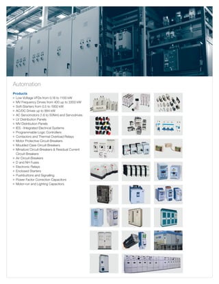 Automation
Products
g	 ow Voltage VFDs from 0.18 to 1100 kW
L
g	 MV Frequency Drives from 400 up to 3300 kW
g	 oft-Starters from 0.5 to 1950 kW
S
g	 C/DC Drives up to 884 kW
A
g	
AC Servomotors (1.6 to 50Nm) and Servodrives
g	 V Distribution Panels
L
g	 V Distribution Panels
M
g	ES - Integrated Electrical Systems
I
g	
Programmable Logic Controllers
g	 ontactors and Thermal Overload Relays
C
g	 otor Protective Circuit-Breakers
M
g	
Moulded Case Circuit-Breakers
g	 iniature Circuit-Breakers  Residual Current
M
Circuit-Breakers
g	 Air Circuit-Breakers
g	 and NH Fuses
D
g	Electronic Relays
g	Enclosed Starters
g	
Pushbuttons and Signalling
g	
Power Factor Correction Capacitors
g	 otor-run and Lighting Capacitors
M

 