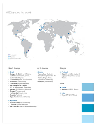 WEG around the world

	 Headquarters
	 Factories
	 Commercial Branches

South America
Brazil
	 araguá do Sul (LV  HV Motors,
J
DC Motors, Generators, Drives,
	 Control  Switchgear)
g	 uaramirím (Paints and Varnishes)
G
g	  lumenau (Transformers)
B
g	 uarulhos (Appliance Motors)
G
g	 ão Bernardo do Campo
S
(MV  HV Motors and Generators)
g	 anaus (Air-conditioning Motors)
M
g	 ravataí (Transformers)
G
g	 ortolandia (Transformers)
H
g	 oaçaba (Turbines)
J
g	
Itajaí (Transformers and Panels)

North America
Mexico
	  uehuetoca (Explosion
H
Proof, Three-phase LV  HV
	 Motors, Single-phase,
	 Generators and Panels)
g	 izayuca (Transformers)
T

Europe
Portugal
	 aia (LV  HV Standard and
M
	 Explosion Proof Three-phase
	Motors)

g  

g  

g  

g

g

g

Argentina
	  uenos Aires (Circuit Breakers)
B
g	 ordoba (Appliance Motors)
C
g	 an Francisco (Electrical Panel Assem­ ly)
S
b
g  
g

Asia
China
	 antong (LV  HV Motors)
N

g  
g

India
	 osur (MV  HV Motors)
H

g  
g

 