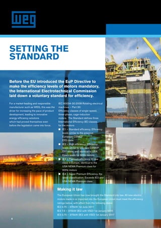6
Before the EU introduced the EuP Directive to
make the efficiency levels of motors mandatory,
the International Electrotechnical Commission
laid down a voluntary standard for efficiency.
For a market-leading and responsible
manufacturer such as WEG, this was the
driver for increasing the pace of product
development, leading to innovative
energy-efficiency solutions
which had proved themselves even
before the legislation came into force.
IEC 60034-30:2008 Rotating electrical
machines – Part 30:
Efficiency classes of single-speed,
three-phase, cage-induction
motors. The Standard defines three
International Efficiency (IE) classes
for the motors:
n	IE1 – Standard efficiency. Efficiency
levels similar to the previous
European CEMEP
Eff2 class
n	 IE2 – High efficiency. Efficiency
levels similar to previous CEMEP
Eff1 class, and identical to USA
Epact levels for 60Hz motors
n	IE3 – Premium efficiency. A new
class in Europe, identical to the
USA NEMA Premium class for
60Hz motors
n	IE4 – Super Premium Efficiency, the
latest classification. Exceeds IE3 and
USA NEMA Premium class
SETTING THE
STANDARD
Making it law
The European Union has now brought the Standard into law. All new electric
motors made in or imported into the European Union must meet the efficiency
ratings below, with effect from the following dates:
IE2 0.75 – 375kW 1st June 2011
IE3 7.5 – 375kW (IE2 with VSD) 1st January 2015
IE3 0.75 – 375kW (IE2 with VSD) 1st January 2017
6
 