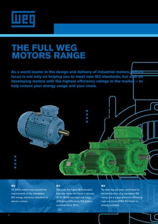 8
IE2
All WEG motors now exceed the
requirements of the mandatory
IE2 energy-efficiency standard for
electric motors.
IE3
Although the higher IE3 standard
has now come into force in January
2015, WEG has had a full range
of Premium Efficiency IE3 motors
available since 2011.
IE4
No date has yet been confirmed for
the introduction of a mandatory IE4
rating, but a super-premium efficiency
cast iron frame WEG IE4 motor is
already available.
As a world leader in the design and delivery of industrial motors, WEG’s
focus is not only on helping you to meet new IE3 standards, but also on
developing motors with the highest efficiency ratings in the market – to
help reduce your energy usage and your costs.
THE FULL WEG
MOTORS RANGE
W21 Aluminium Range
nn 0.12 - 37kW
nn Efficiencies IE2 / IE3
nn Frames 63 to 200
nn Multimount frame
W22 Cast Iron Range
nn 0.12 - 500kW
nn Efficiencies IE2 / IE3 / IE4
nn Frames 63 to 355
nn Low running cost
 