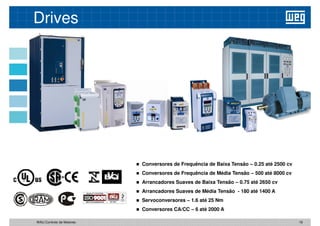 Drives
 Conversores de Frequência de Baixa Tensão – 0.25 até 2500 cv
 Conversores de Frequência de Média Tensão – 500 até 8000 cv
 Arrancadores Suaves de Baixa Tensão – 0.75 até 2650 cv
 Arrancadores Suaves de Média Tensão - 180 até 1400 A
 Servoconversores – 1.6 até 25 Nm
 Conversores CA/CC – 6 até 2000 A
18
WAU Controlo de Motores
 