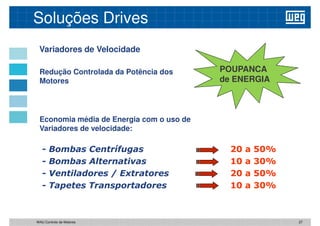 Soluções Drives
Variadores de Velocidade
Redução Controlada da Potência dos POUPANCA
de ENERGIA
Redução Controlada da Potência dos
Motores
Economia média de Energia com o uso de
Variadores de velocidade:
de ENERGIA
- Bombas Centrífugas 20 a 50%
- Bombas Centrífugas 20 a 50%
- Bombas Alternativas 10 a 30%
- Ventiladores / Extratores 20 a 50%
- Tapetes Transportadores 10 a 30%
27
WAU Controlo de Motores
 