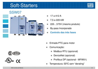 Soft-Starters
SSW07
 17 a 412 A
 7,5 a 220 kW
220…575V (mesmo produto)
 220…575V (mesmo produto)
 By-pass Incorporado
 Controlo das três fases
 Entrada PTC para motor
Comunicação:
 Comunicação:
 Modbus RTU (opcional)
 DeviceNet (opcional)
 Profibus DP (opcional - MFW01)
 Temperatura: 55ºC sem “derating”
31
WAU Controlo de Motores
 