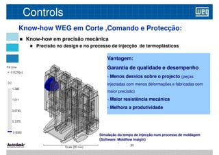 Know-how WEG em Corte ,Comando e Protecção:
 Know-how em precisão mecânica
 Precisão no design e no processo de injecção de termoplásticos
Controls
Vantagem:
Garantia de qualidade e desempenho
- Menos desvios sobre o projecto (peças
injectadas com menos deformações e fabricadas com
maior precisão)
- Maior resistência mecânica
- Melhora a produtividade
Simulação do tempo de injecção num processo de moldagem
(Software: Moldflow Insight)
 