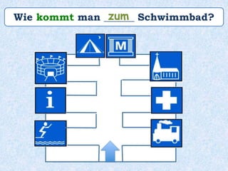 Wie kommt man ______ Schwimmbad?zum
 