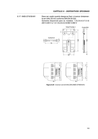 CAPÍTULO 8 - DISPOSITIVOS OPCIONAIS
Deve ser usado quando deseja-se fixar o inversor diretamente em trilho 35 mm conforme DIN EN 50.022.
Somente disponível para os modelos: 1.6-2.6-4.0-7.0 A/
200 V-240 V e 1.0-1.6-2.6-4.0 A/380 V-480 V
Vista Frontal

A

B

Corte B-B
A'

140

12

129

Corte A-A
9

75

64

B

4

8.17 KMD-CFW08-M1

Figura 8.24 - Inversor com kit trilho DIN (KMD-CFW08-M1)

163

 