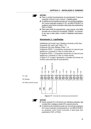 CAPÍTULO 3 - INSTALAÇÃO E CONEXÃO
NOTAS!
Para o correto funcionamento do acionamento 2 deve-se
conectar o borne 5 com o borne 1 (habilita geral).
A referência de freqüência pode ser via entrada analógica
AI1 (como mostrado na figura 3.16), via HMI-CFW08-P, ou
qualquer outra fonte (consulte a descrição dos parâmetros
P221 e P222).
Para este modo de acionamento, caso ocorrer uma falha
da rede com a chave S3 na posição “GIRAR”, no momento em que a rede voltar o motor é habilitado automaticamente.
Acionamento 3 - Liga/Desliga:

COM

AI1

+10 V

AI2

AO1

NF

Comum

NA

3

DI4 - Sentido de
Giro

1

DI3

2

DI1 - Liga

DI2 - Desliga

Habilitação da função Liga / Desliga (comando a três fios):
Programar DI1 para Liga: P263 = 14
Programar DI2 para Desliga: P264 = 14
Programar P229 = 1 (comandos via bornes) no caso em que
deseja-se o comando a 3 fios no modo local, ou
Programar P230 = 1 (comandos via bornes) no caso em que
deseja-se o comando a 3 fios no modo remoto.
A figura 3.17 a seguir representa a conexão nos bornes do
inversor para este tipo de acionamento.

4

5

6

7

8

9

10

11

12

S1: Liga
S2: Desliga
S3: Altera sentido de giro

S1

S2

S3

Figura 3.17 - Conexão do controle para acionamento 3

NOTAS!
Neste exemplo S1 e S2 devem ser botoeiras pulsantes, liga
(contato NA) e desliga (contato NF) respectivamente.
A referência de freqüência pode ser via entrada analógica
AI1 (como mostrado no Acionamento 2), via HMI-CFW08-P,
ou qualquer outra fonte (consulte a descrição dos
parâmetros P221 e P222).

49

 