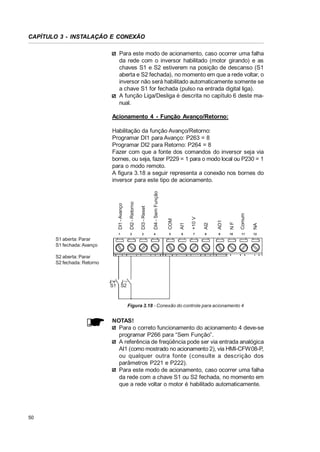 CAPÍTULO 3 - INSTALAÇÃO E CONEXÃO
Para este modo de acionamento, caso ocorrer uma falha
da rede com o inversor habilitado (motor girando) e as
chaves S1 e S2 estiverem na posição de descanso (S1
aberta e S2 fechada), no momento em que a rede voltar, o
inversor não será habilitado automaticamente somente se
a chave S1 for fechada (pulso na entrada digital liga).
A função Liga/Desliga é descrita no capítulo 6 deste manual.
Acionamento 4 - Função Avanço/Retorno:

DI1 - Avanço

DI2 - Retorno

DI3 - Reset

DI4 - Sem Função

COM

AI1

+10 V

AI2

AO1

NF

Comum

NA

Habilitação da função Avanço/Retorno:
Programar DI1 para Avanço: P263 = 8
Programar DI2 para Retorno: P264 = 8
Fazer com que a fonte dos comandos do inversor seja via
bornes, ou seja, fazer P229 = 1 para o modo local ou P230 = 1
para o modo remoto.
A figura 3.18 a seguir representa a conexão nos bornes do
inversor para este tipo de acionamento.

1

2

3

4

5

6

7

8

9

10

11

12

S1 aberta: Parar
S1 fechada: Avanço
S2 aberta: Parar
S2 fechada: Retorno

S1 S2

Figura 3.18 - Conexão do controle para acionamento 4

NOTAS!
Para o correto funcionamento do acionamento 4 deve-se
programar P266 para “Sem Função”.
A referência de freqüência pode ser via entrada analógica
AI1 (como mostrado no acionamento 2), via HMI-CFW08-P,
ou qualquer outra fonte (consulte a descrição dos
parâmetros P221 e P222).
Para este modo de acionamento, caso ocorrer uma falha
da rede com a chave S1 ou S2 fechada, no momento em
que a rede voltar o motor é habilitado automaticamente.

50

 