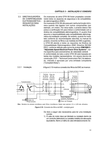 CAPÍTULO 3 - INSTALAÇÃO E CONEXÃO
3.3

DIRETIVA EUROPÉIA
DE COMPATIBILIDADE
ELETROMAGNÉTICA REQUISITOS PARA
INSTALAÇÕES

3.3.1

Instalação

Os inversores da série CFW-08 foram projetados considerando todos os aspectos de segurança e de compatibilidade eletromagnética (EMC).
Os inversores CFW-08 não possuem nenhuma função intrínseca quando não ligados com outros componentes (por
exemplo, um motor). Por essa razão, o produto básico não
possui a certificação CE para indicar a conformidade com a
diretiva de compatibilidade eletromagnética. O usuário final
assume a responsabilidade pela compatibilidade eletromagnética da instalação completa. No entanto, quando for instalado conforme as recomendações descritas no manual do
produto, incluindo os filtros e as medidas de EMC sugeridos,
o CFW -08 atende a todos os requisitos da Diretiva de
Compatibilidade Eletromagnética (EMC Directive 89/336/
EEC), conforme definido pela norma de produto EN61800-3 “Adjustable Speed Electrical Power Drive Systems”, norma específica para acionamentos de velocidade variável.
A conformidade de toda a série CFW-08 está baseada em
testes dos modelos representativos. Um arquivo técnico de
construção (TCF - “Technical Construction File”) foi elaborado, checado e aprovado por uma entidade competente
(“Competent Body”).
A figura 3.19 mostra a conexão dos filtros de EMC ao inversor.
Fiação de Sinal e Controle

Toróide Filtro de
de Modo RFI de
Comum Entrada
(Entrada) Externo

Toróide
de Modo
Comum
(Saída)

X
C1 1 a 12

Transformador
L1/L L1

L1/L

L2/N L2

V
L2/N
CFW-08
W
L3

L3
E

L3
E

PE

U

Motor

PE

Painel Metálico
(quando necessário)
PE

Haste de
Aterramento

Terra de Proteção

Obs.: Modelos de entrada monofásica usam filtros monofásicos. Neste caso apenas L1/L e L2/N são utilizados.

Figura 3.19 - Conexão dos filtros de EMC - condição geral

Os itens a seguir são necessários para ter uma instalação
correta:
1) O cabo do motor deve ser blindado ou instalado dentro de
um conduíte (eletroduto) ou canaleta metálica de atenuação
equivalente. Aterre a malha do cabo blindado/conduíte me

51

 