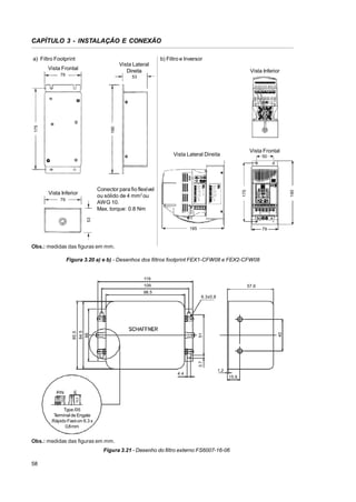 CAPÍTULO 3 - INSTALAÇÃO E CONEXÃO
a) Filtro Footprint

b) Filtro e Inversor
Vista Lateral
Direita

Vista Frontal
79

Vista Inferior

190

175

53

Vista Frontal

Vista Lateral Direita

53

79

175

Conector para fio flexível
ou sólido de 4 mm 2 ou
AWG 10.
Max. torque: 0.8 Nm

Vista Inferior

190

50

185

79

Obs.: medidas das figuras em mm.
Figura 3.20 a) e b) - Desenhos dos filtros footprint FEX1-CFW08 e FEX2-CFW08

119
109

57.6

98.5

40

3.7

51

84.5
66

85.5

6.3x0.8

1.2
15.6

12,3

10,8

4.4

Type /05
T
erminal de Engate
Rápido Fast-on 6.3 x
0.8mm

Obs.: medidas das figuras em mm.
Figura 3.21 - Desenho do filtro externo FS6007-16-06
58

 