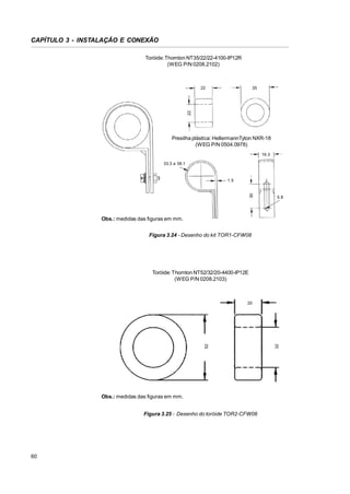 CAPÍTULO 3 - INSTALAÇÃO E CONEXÃO
Toróide: Thornton NT35/22/22-4100-IP12R
(WEG P/N 0208.2102)

35

22

22

Presilha plástica: HellermannTyton NXR-18
(WEG P/N 0504.0978)
19.3
33.3 a 38.1

30

1.5

5.8

Obs.: medidas das figuras em mm.
Figura 3.24 - Desenho do kit TOR1-CFW08

Toróide: Thornton NT52/32/20-4400-IP12E
(WEG P/N 0208.2103)

Obs.: medidas das figuras em mm.
Figura 3.25 - Desenho do toróide TOR2-CFW08

60

32

52

20

 