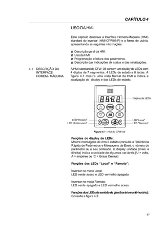 CAPÍTULO 4
USO DA HMI
Este capítulo descreve a Interface Homem-Máquina (HMI)
standard do inversor (HMI-CFW08-P) e a forma de usá-la,
apresentando as seguintes informações:
Descrição geral da HMI.
Uso da HMI.
Programação e leitura dos parâmetros.
Descrição das indicações de status e das sinalizações.
4.1

DESCRIÇÃO DA
INTERFACE
HOMEM - MÁQUINA

A HMI standard do CFW-08 contém um display de LEDs com
4 dígitos de 7 segmentos, 4 LEDs de estado e 8 teclas. A
figura 4.1 mostra uma vista frontal da HMI e indica a
localização do display e dos LEDs de estado.

Display de LEDs

LED "Local"
LED "Remoto"

LED "Horário"
LED "Anti-horário"

Figura 4.1 - HMI do CFW-08

Funções do display de LEDs:
Mostra mensagens de erro e estado (consulte a Referência
Rápida de Parâmetros e Mensagens de Erro), o número do
parâmetro ou o seu conteúdo. O display unidade (mais à
direita) indica a unidade de algumas variáveis [U = volts,
A = ampéres ou oC = Graus Celsius]
Funções dos LEDs “Local” e “Remoto”:
Inversor no modo Local:
LED verde aceso e LED vermelho apagado.
Inversor no modo Remoto:
LED verde apagado e LED vermelho aceso.
Funções dos LEDs de sentido de giro (horário e anti-horário):
Consulte a figura 4.2.

67

 