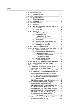 Índice
8.21 Reatância de Rede ............................................. 167
8.21.1 Critérios de Uso .......................................... 167
8.22 Reatância de Carga............................................ 170
8.23 Frenagem Reostática ......................................... 171
8.23.1 Dimensionamento ....................................... 171
8.23.2 Instalação ................................................... 172
8.24 Comunicação Serial ........................................... 173
8.24.1 Introdução ................................................... 173
8.24.2 Descrição das Interfaces RS-485 e RS-232 ... 175
8.24.2.1 RS-485 ............................................ 175
8.24.2.2 RS-232 ............................................ 176
8.24.3 Definições .................................................. 177
8.24.3.1 Termos Utilizados ............................. 177
8.24.3.2 Resolução dos
Parâmetros/Variáveis ....................... 177
8.24.3.3 Formato dos Caracteres .................. 177
8.24.3.4 Protocolo ......................................... 178
8.24.3.5 Execução e Teste de Telegrama ....... 180
8.24.3.6 Seqüência de Telegramas ................ 180
8.24.3.7 Códigos de Variáveis ....................... 180
8.24.4 Exemplos de Telegramas ............................ 181
8.24.5 Variáveis e Erros da Comunição Serial ....... 182
8.24.5.1 Variáveis Básicas ............................ 182
8.24.5.2 Exemplos de Telegramas com
Variáveis Básicas ............................. 184
8.24.5.3 Parâmetros Relacionados à
Comunicação Serial .......................... 185
8.24.5.4 Erros Relacionados à
Comunicação Serial ........................ 186
8.24.6 Tempos para Leitura/Escrita de Telegramas ... 186
8.24.7 Conexão Física RS-232 e RS-485 .............. 187
8.25 Modbus-RTU ...................................................... 188
8.25.1 Introdução ao Protocolo Modbus-RTU ........... 188
8.25.1.1 Modos de Transmissão ...................... 188
8.25.1.2 Estrutura das Mensagens no Modo RTU .. 188
8.25.2 Operação do CFW-08 na Rede Modbus-RTU .. 191
8.25.2.1 Descrição das Interfaces RS-232 e
RS-485 ............................................. 191
8.25.2.2 Configurações do Inversor na Rede
Modbus-RTU ..................................... 192
8.25.2.3 Acesso aos Dados do Inversor ........... 192
8.25.3 Descrição Detalhada das Funções ............... 196
8.25.3.1 Função 01 - Read Coils ..................... 196
8.25.3.2 Função 03 - Read Holding Register .... 197
8.25.3.3 Função 05 - Write Single Coil ............. 198
8.25.3.4 Função 06 - Write Single Register ...... 199
8.25.3.5 Função 15 - Write Multiple Coils ......... 199
8.25.3.6 Função 16 - Write Multiple Registers .. 201
8.25.3.7 Função 43 - Read Device
Identification ...................................... 202
8.25.4 Erros da Comunicação Modbus-RTU ............ 203
8.25.4.1 Mensagens de Erro ........................... 204

 