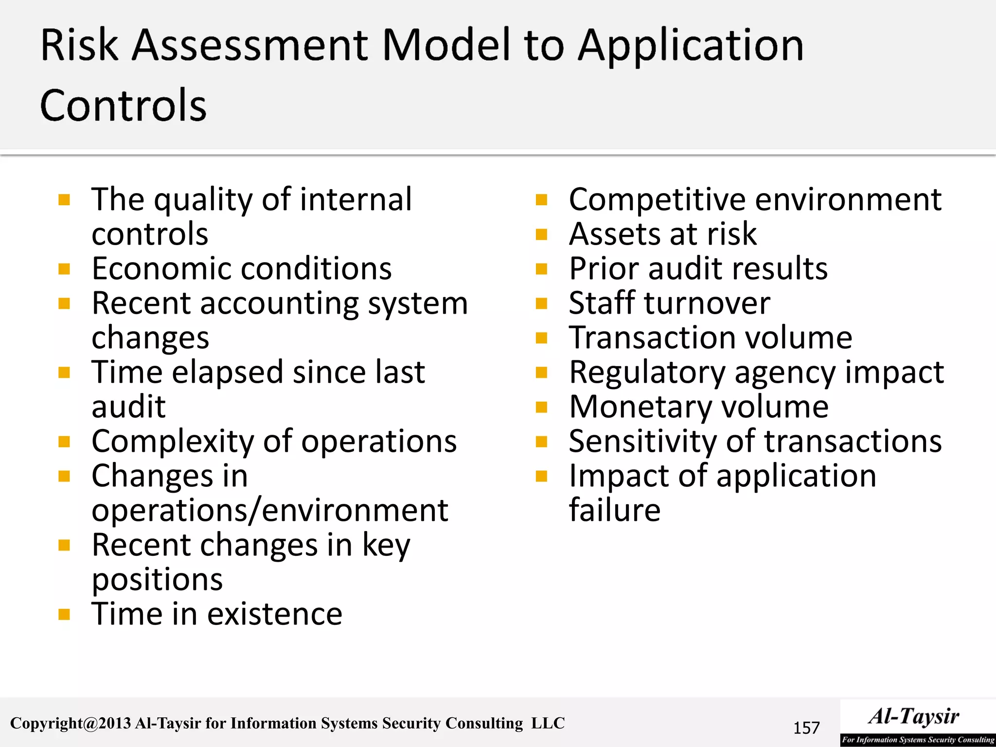 Copyright@2013 Al-Taysir for Information Systems Security Consulting LLC
 The quality of internal
controls
 Economic conditions
 Recent accounting system
changes
 Time elapsed since last
audit
 Complexity of operations
 Changes in
operations/environment
 Recent changes in key
positions
 Time in existence
 Competitive environment
 Assets at risk
 Prior audit results
 Staff turnover
 Transaction volume
 Regulatory agency impact
 Monetary volume
 Sensitivity of transactions
 Impact of application
failure
157
 