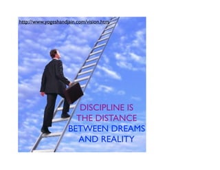 DISCIPLINE IS
THE DISTANCE
BETWEEN DREAMS
AND REALITY
http://www.yogeshandjain.com/vision.htm
 