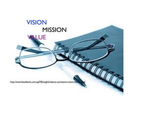 VISION
MISSION
VALUE
http://www.faisalbank.com.eg/FIB/english/about-us/mission-vision-values.html
 