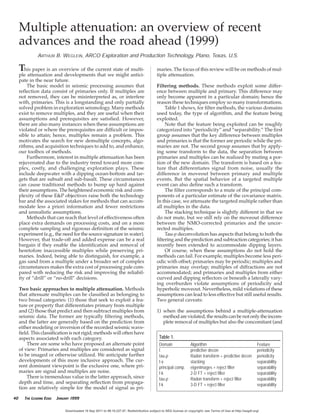 This paper is an overview of the current state of multi-
ple attenuation and developments that we might antici-
pate in the near future.
The basic model in seismic processing assumes that
reflection data consist of primaries only. If multiples are
not removed, they can be misinterpreted as, or interfere
with, primaries. This is a longstanding and only partially
solved problem in exploration seismology. Many methods
exist to remove multiples, and they are useful when their
assumptions and prerequisites are satisfied. However,
there are also many instances when these assumptions are
violated or where the prerequisites are difficult or impos-
sible to attain; hence, multiples remain a problem. This
motivates the search for new demultiple concepts, algo-
rithms, and acquisition techniques to add to, and enhance,
our toolbox of methods.
Furthermore, interest in multiple attenuation has been
rejuvenated due to the industry trend toward more com-
plex, costly, and challenging exploration plays. These
include deepwater with a dipping ocean-bottom and tar-
gets that are subsalt and sub-basalt. These circumstances
can cause traditional methods to bump up hard against
their assumptions. The heightened economic risk and com-
plexity of these E&P objectives raise both the technology
bar and the associated stakes for methods that can accom-
modate less a priori information and fewer restrictions
and unrealistic assumptions.
Methods that can reach that level of effectiveness often
place extra demands on processing costs, and on a more
complete sampling and rigorous definition of the seismic
experiment (e.g., the need for the source signature in water).
However, that trade-off and added expense can be a real
bargain if they enable the identification and removal of
heretofore inaccessible multiples while preserving pri-
maries. Indeed, being able to distinguish, for example, a
gas sand from a multiple under a broader set of complex
circumstances makes the extra cost of processing pale com-
pared with reducing the risk and improving the reliabil-
ity of ÒdrillÓ or Òno-drillÓ decisions.
Two basic approaches to multiple attenuation. Methods
that attenuate multiples can be classified as belonging to
two broad categories: (1) those that seek to exploit a fea-
ture or property that differentiates primary from multiple
and (2) those that predict and then subtract multiples from
seismic data. The former are typically filtering methods,
and the latter are generally based on the prediction from
either modeling or inversion of the recorded seismic wave-
field. This classification is not rigid; methods will often have
aspects associated with each category.
There are some who have proposed an alternate point
of view: Primaries and multiples are considered as signal
to be imaged or otherwise utilized. We anticipate further
developments of this more inclusive approach. The cur-
rent dominant viewpoint is the exclusive one, where pri-
maries are signal and multiples are noise.
There is tremendous value in the latter approach, since
depth and time, and separating reflection from propaga-
tion are relatively simple for the model of signal as pri-
maries. The focus of this review will be on methods of mul-
tiple attenuation.
Filtering methods. These methods exploit some differ-
ence between multiple and primary. This difference may
only become apparent in a particular domain; hence the
reason these techniques employ so many transformations.
Table 1 shows, for filter methods, the various domains
used today, the type of algorithm, and the feature being
exploited.
Note that the feature being exploited can be roughly
categorized into ÒperiodicityÓ and Òseparability.Ó The first
group assumes that the key difference between multiples
and primaries is that the former are periodic while the pri-
maries are not. The second group assumes that by apply-
ing some transform to the data, the separation between
primaries and multiples can be realized by muting a por-
tion of the new domain. The transform is based on a fea-
ture that differentiates signal from noise, usually the
difference in moveout between primary and multiple
events. But the spatial behavior of a targeted multiple
event can also define such a transform.
The filter corresponds to a mute of the principal com-
ponents of a particular estimate of the covariance matrix.
In this case, we attenuate the targeted multiple rather than
all multiples in the data.
The stacking technique is slightly different in that we
do not mute, but we still rely on the moveout difference
between the NMO-corrected primaries and the uncor-
rected multiples.
Tau-p deconvolution has aspects that belong to both the
filtering and the prediction and subtraction categories; it has
recently been extended to accommodate dipping layers.
Of course, when these assumptions do not hold the
methods can fail. For example, multiples become less peri-
odic with offset; primaries may be periodic; multiples and
primaries may overlap; multiples of diffractions are not
accommodated; and primaries and multiples from either
curved and dipping reflectors or beneath a laterally vary-
ing overburden violate assumptions of periodicity and
hyperbolic moveout. Nevertheless, mild violations of these
assumptions can lead to less effective but still useful results.
Two general caveats:
1) when the assumptions behind a multiple-attenuation
methodareviolated,theresultscanbenotonlytheincom-
plete removal of multiples but also the concomitant (and
40 THE LEADING EDGE JANUARY 1999 JANUARY 1999 THE LEADING EDGE 0000
Multiple attenuation: an overview of recent
advances and the road ahead (1999)
ARTHUR B. WEGLEIN, ARCO Exploration and Production Technology, Plano, Texas, U.S.
Table 1.
Domain Algorithm Feature
t predictive decon periodicity
tau-p Radon transform + predictive decon periodicity
t-x stacking separability
principal comp. eigenimages + reject filter separability
f-k 2-D FT + reject filter separability
tau-p Radon transform + reject filter separability
f-k 3-D FT + reject filter separability
Downloaded 10 Sep 2011 to 99.10.237.97. Redistribution subject to SEG license or copyright; see Terms of Use at http://segdl.org/
 